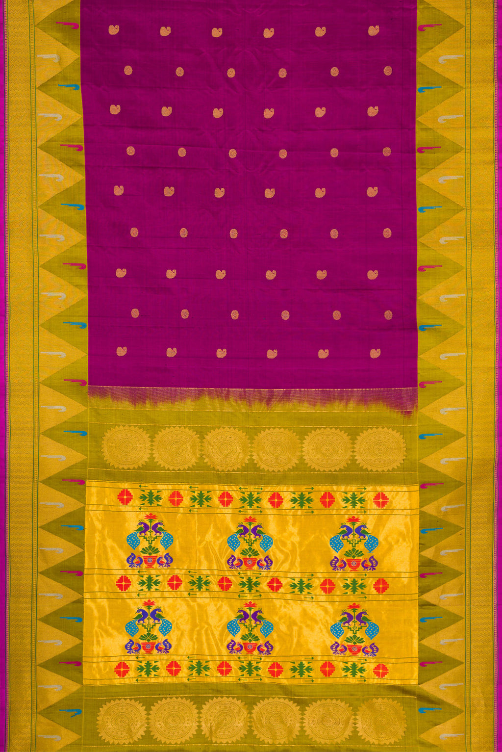 Flat view of Purple Dual Tone Gadwal Silk Saree with Zari Butta on the body and Paithani Border. 