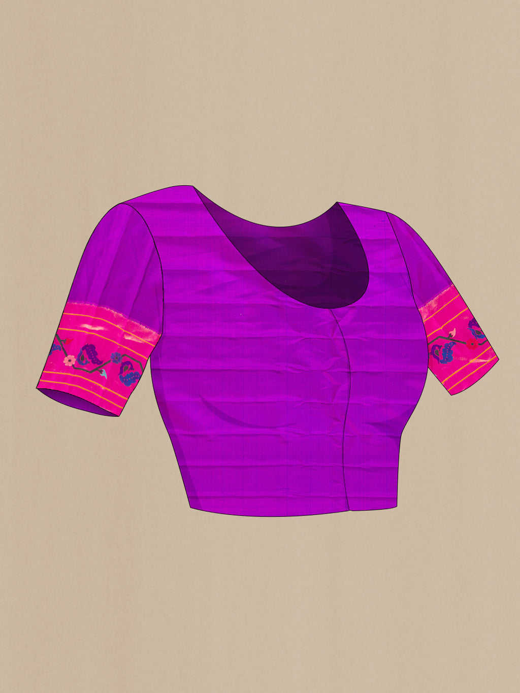 Close up image of the blouse of Lilac Dual Tone Gadwal Silk Saree with Zari Butta on the body and Paithani Border. 