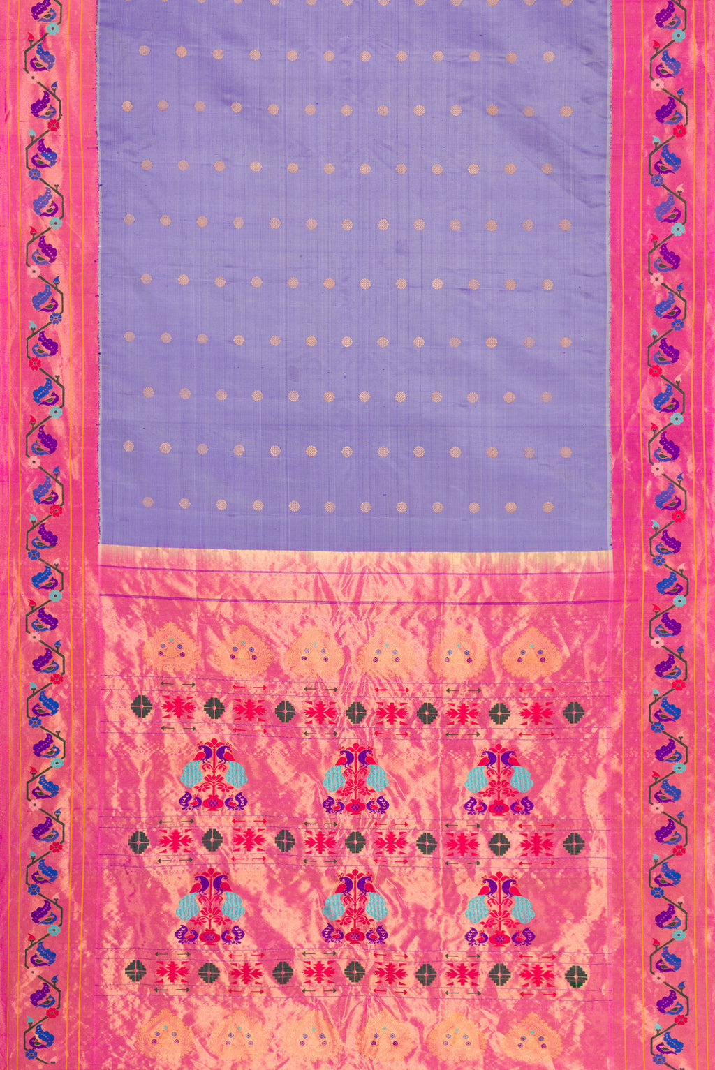 Flat view of Lilac Dual Tone Gadwal Silk Saree with Zari Butta on the body and Paithani Border. 