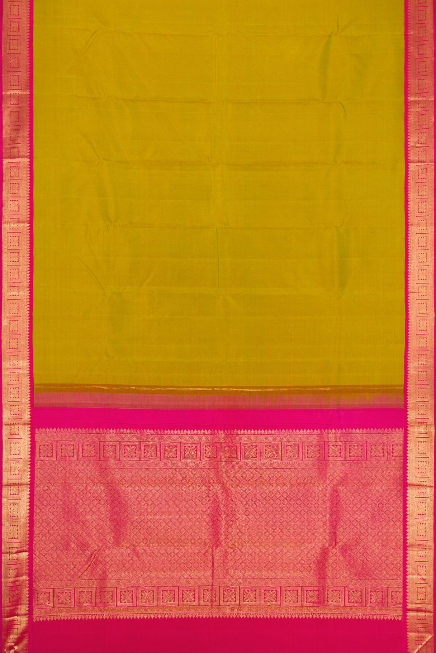 Flat view of Green Dual Tone Kanjivaram Silk Saree with Plain Body and Zari Border. 