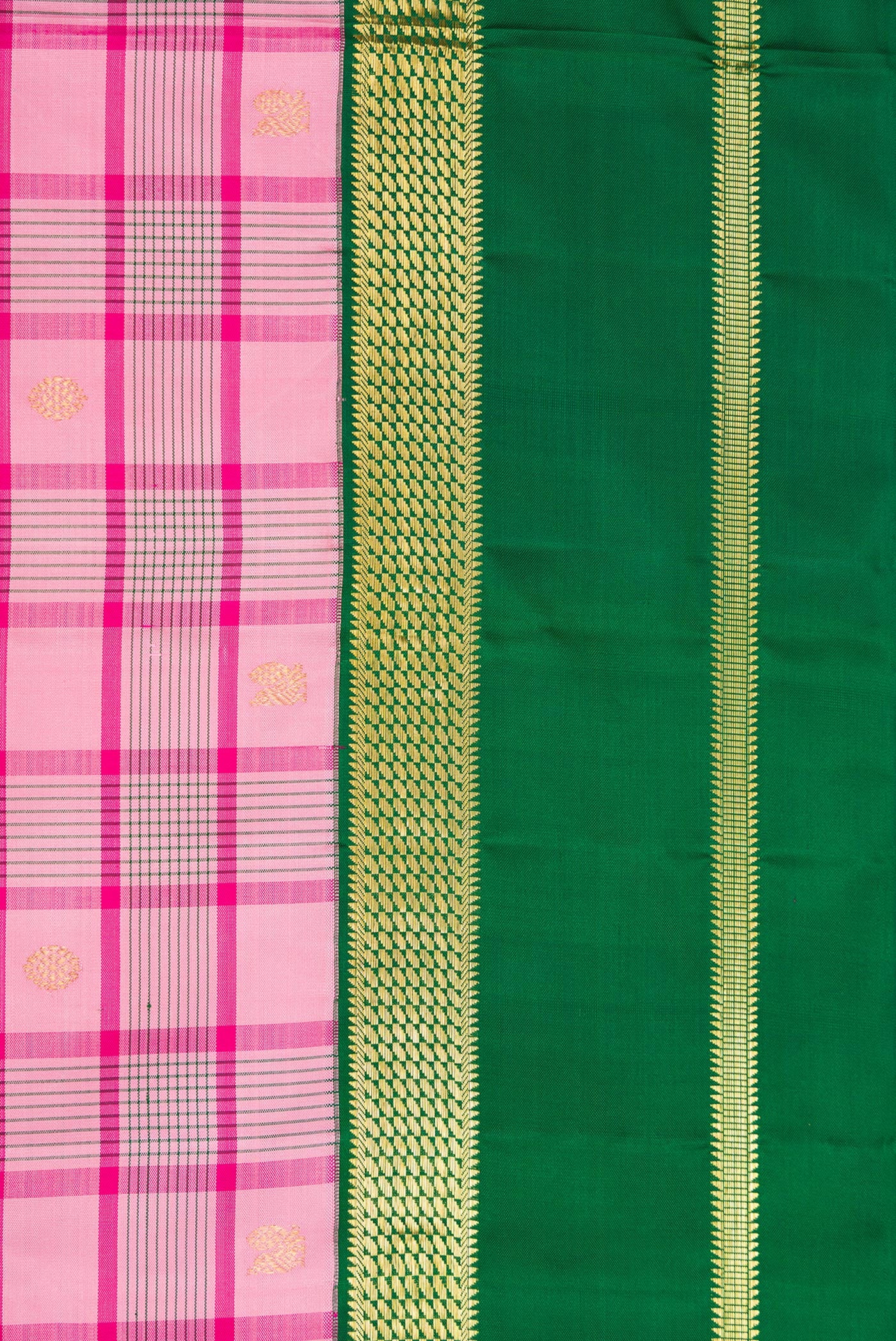 Border image of Pure Silk Pure Zari Pink Dual Tone Kanjivaram Saree with Checked design on the body and Zari Border. 