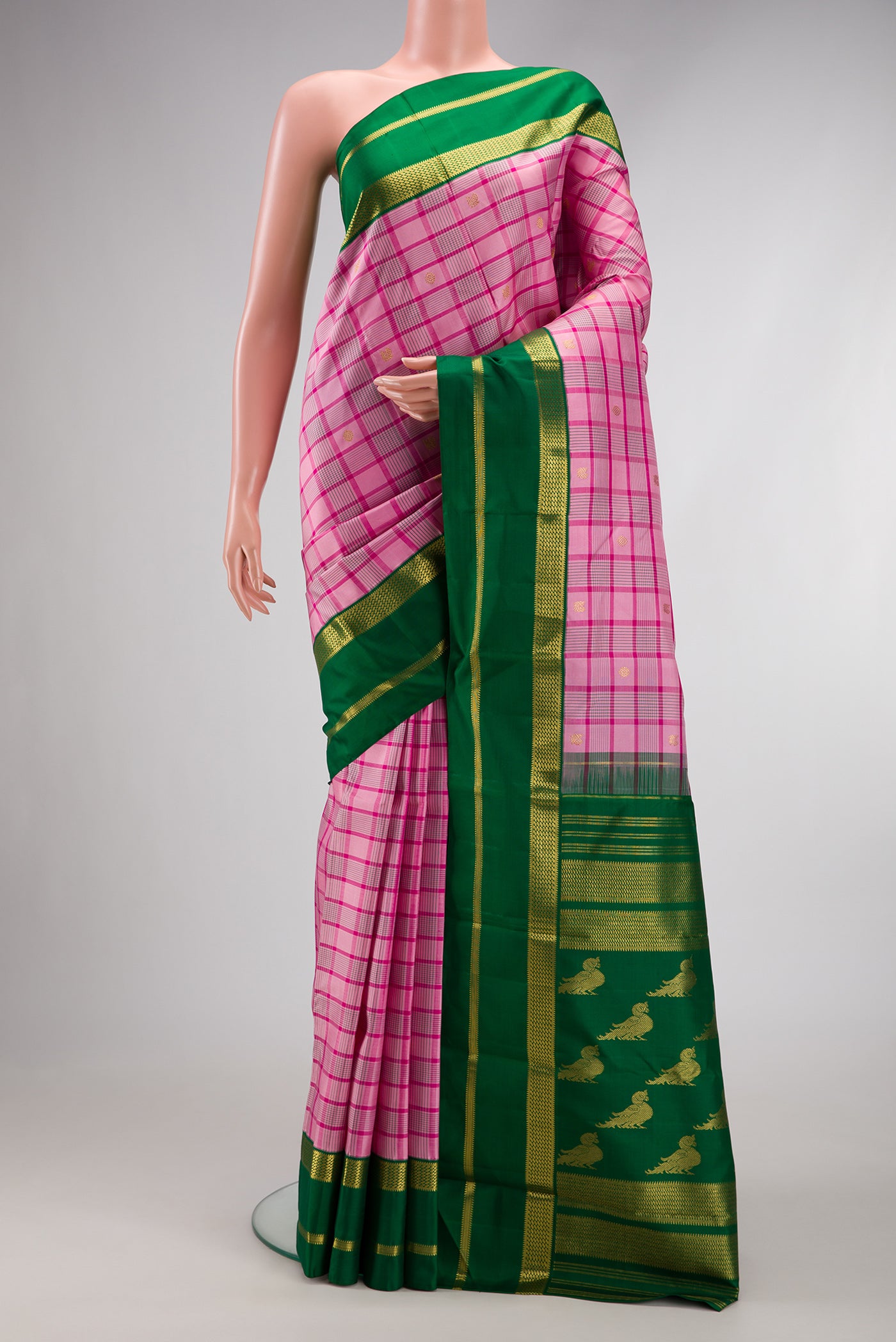 Pure Silk Pure Zari Pink Dual Tone Kanjivaram Saree with Checked design on the body and Zari Border.  displayed on a mannequin
