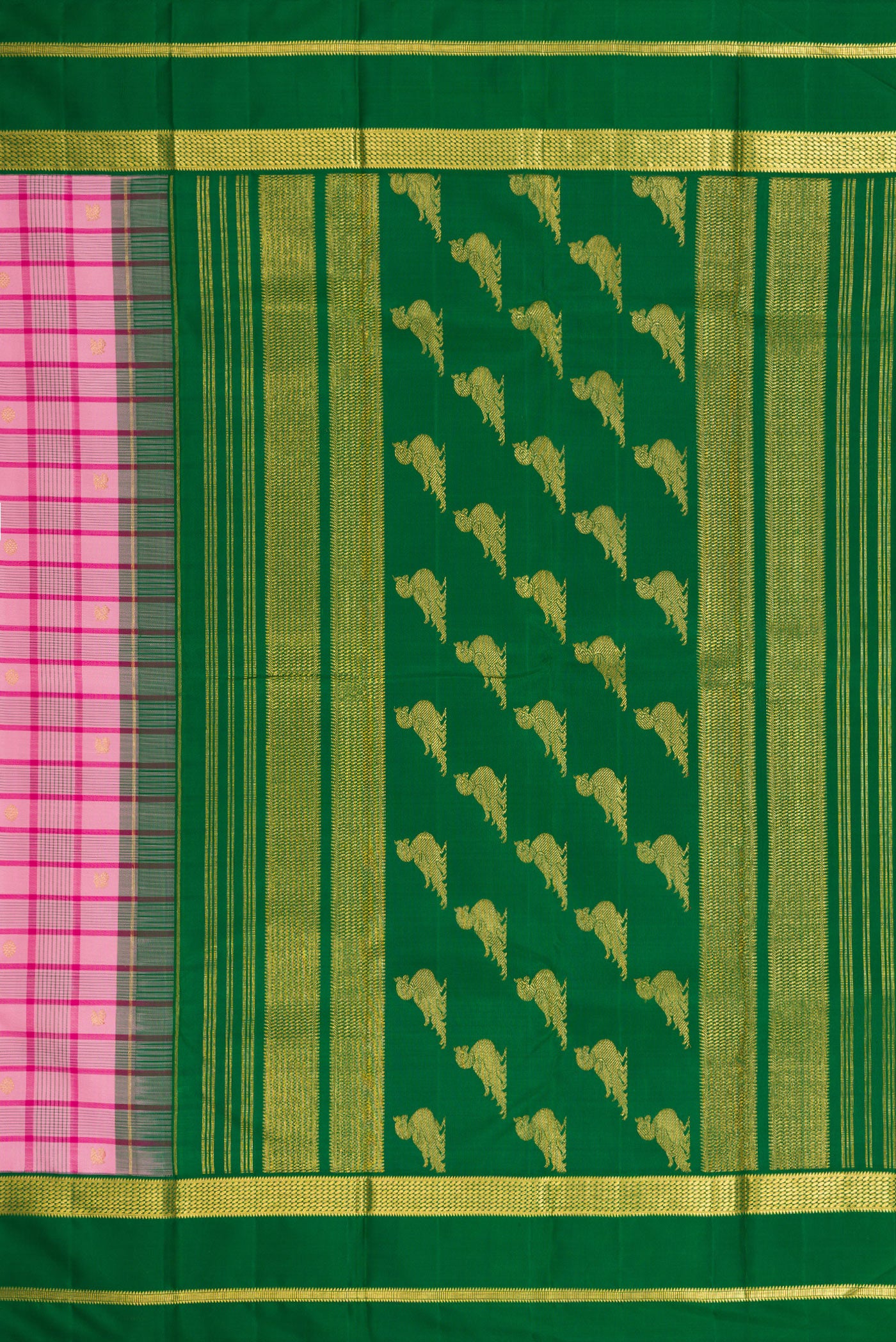 Close up image of the pallu of Pure Silk Pure Zari Pink Dual Tone Kanjivaram Saree with Checked design on the body and Zari Border. 