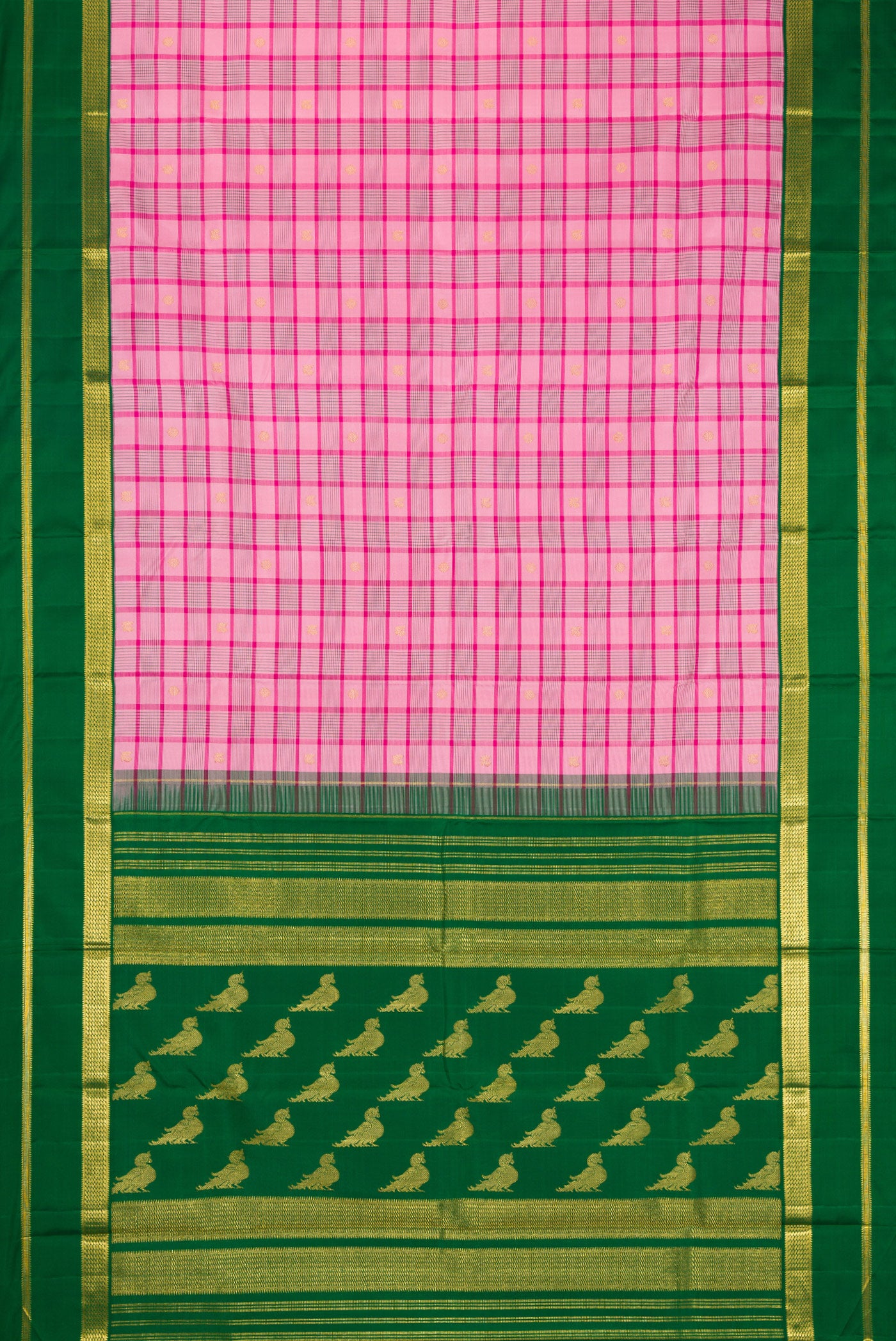 Flat view of Pure Silk Pure Zari Pink Dual Tone Kanjivaram Saree with Checked design on the body and Zari Border. 