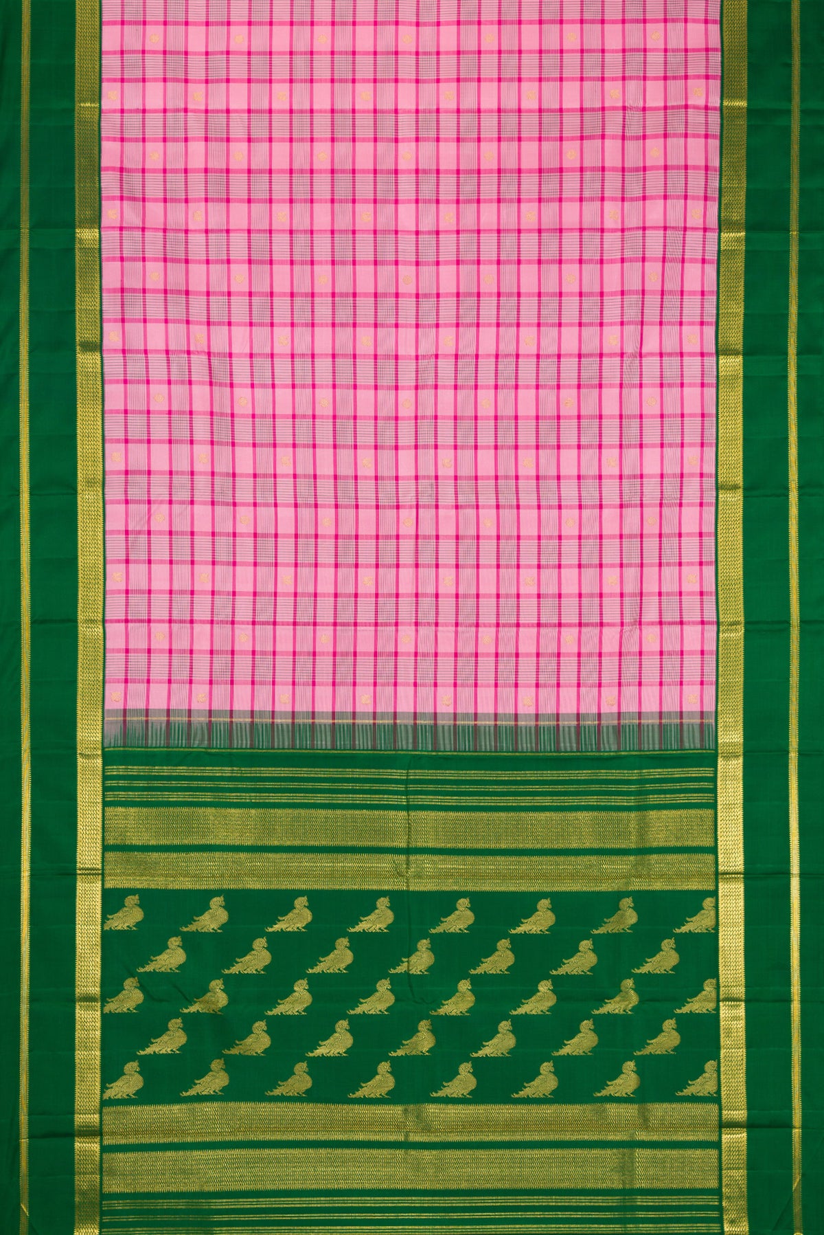 Flat view of Pure Silk Pure Zari Pink Dual Tone Kanjivaram Saree with Checked design on the body and Zari Border. 