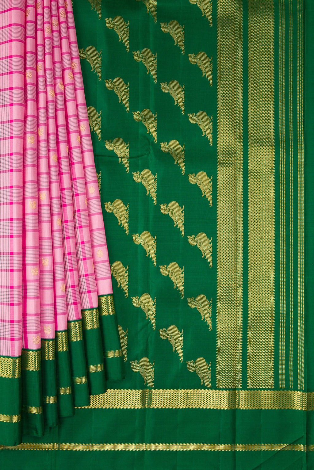 Pleats and pallu of Pure Silk Pure Zari Pink Dual Tone Kanjivaram Saree with Checked design on the body and Zari Border. 