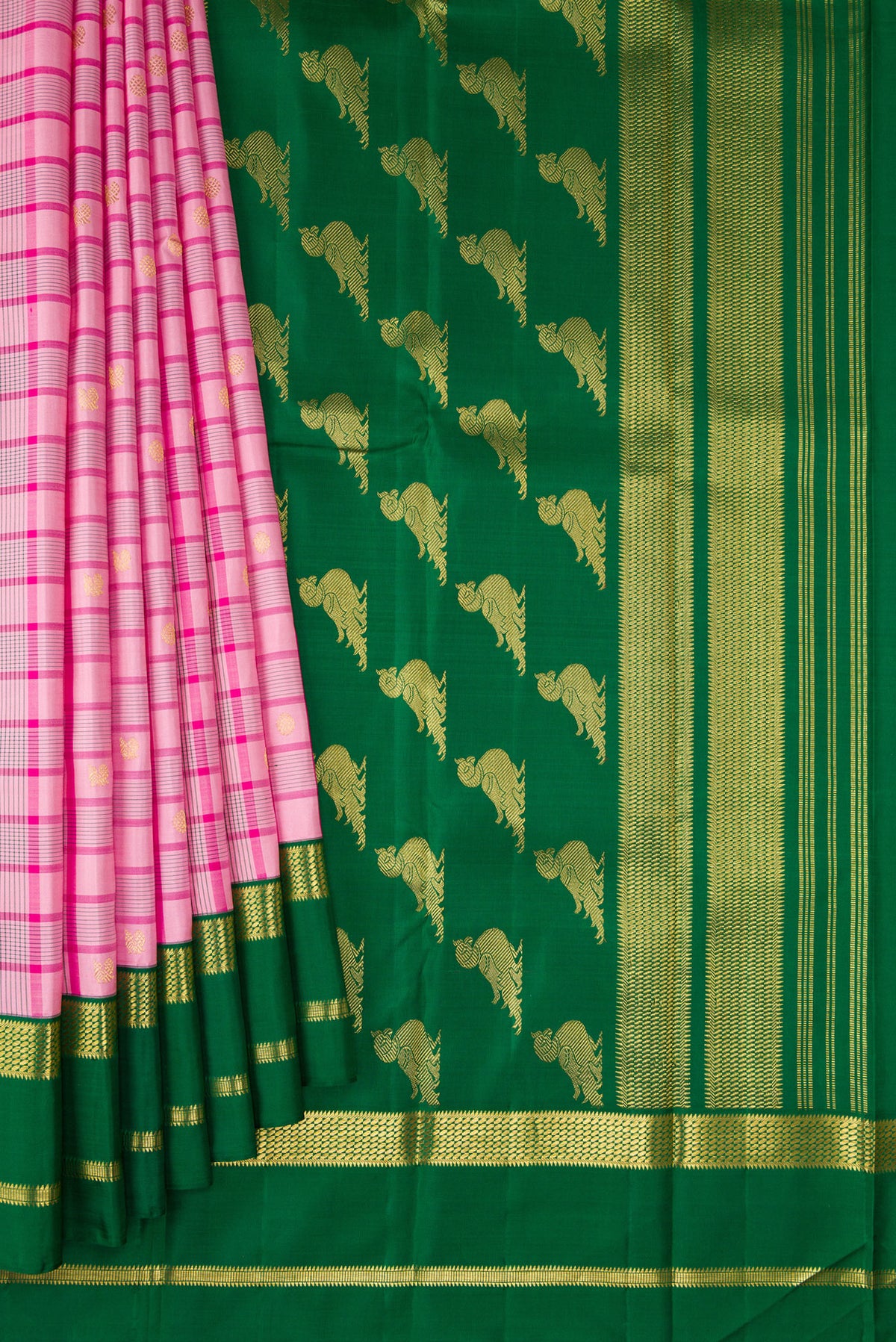 Pleats and pallu of Pure Silk Pure Zari Pink Dual Tone Kanjivaram Saree with Checked design on the body and Zari Border. 