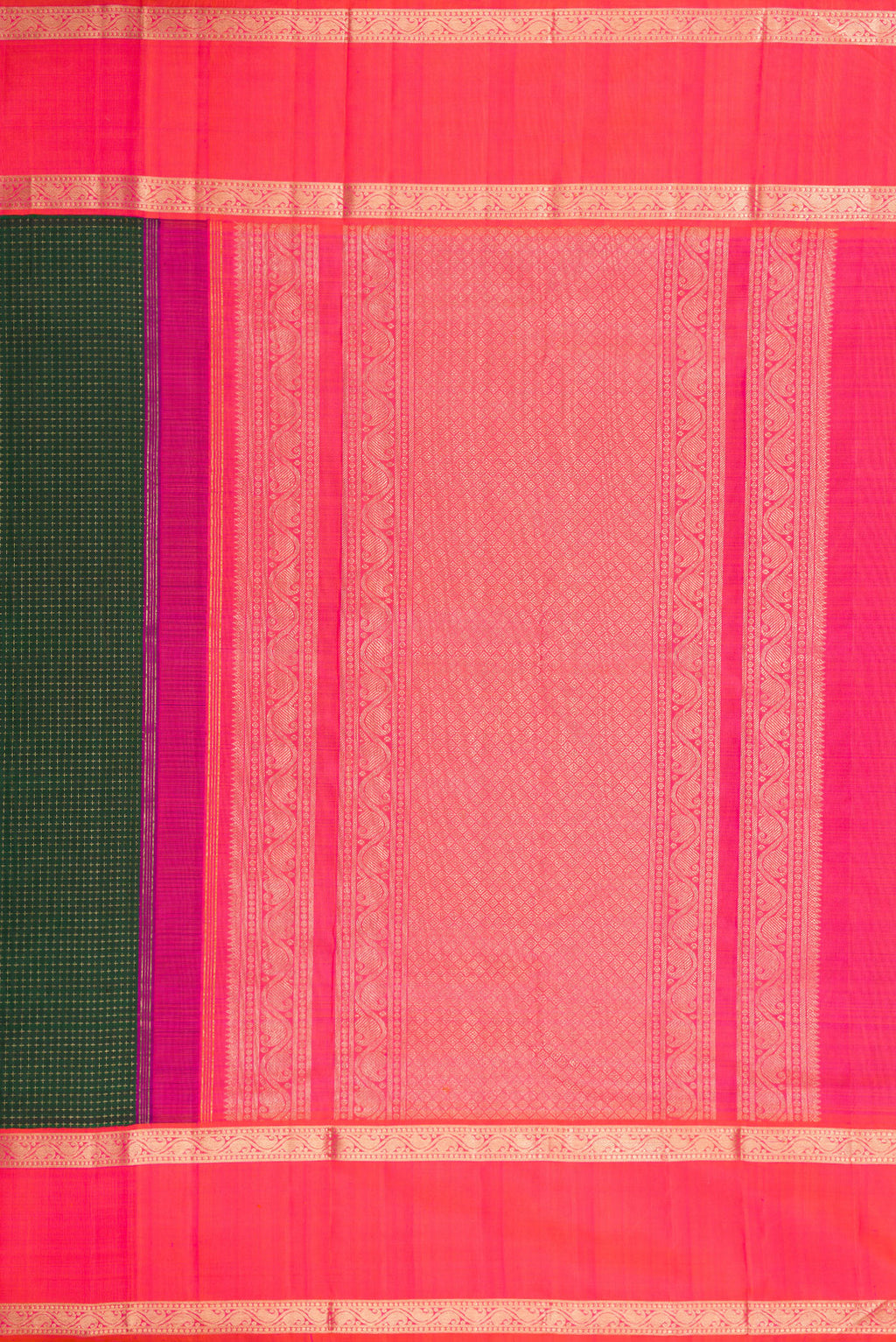 Close up image of the pallu of Bottle Green Dual Tone Kanjivaram Silk Saree with Checked design on the body and Zari Border. 