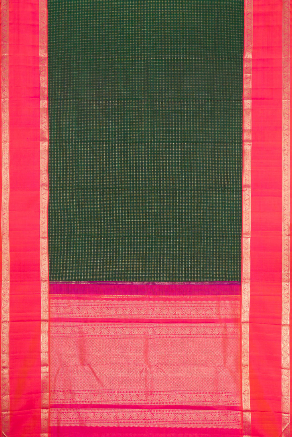 Flat view of Bottle Green Dual Tone Kanjivaram Silk Saree with Checked design on the body and Zari Border. 