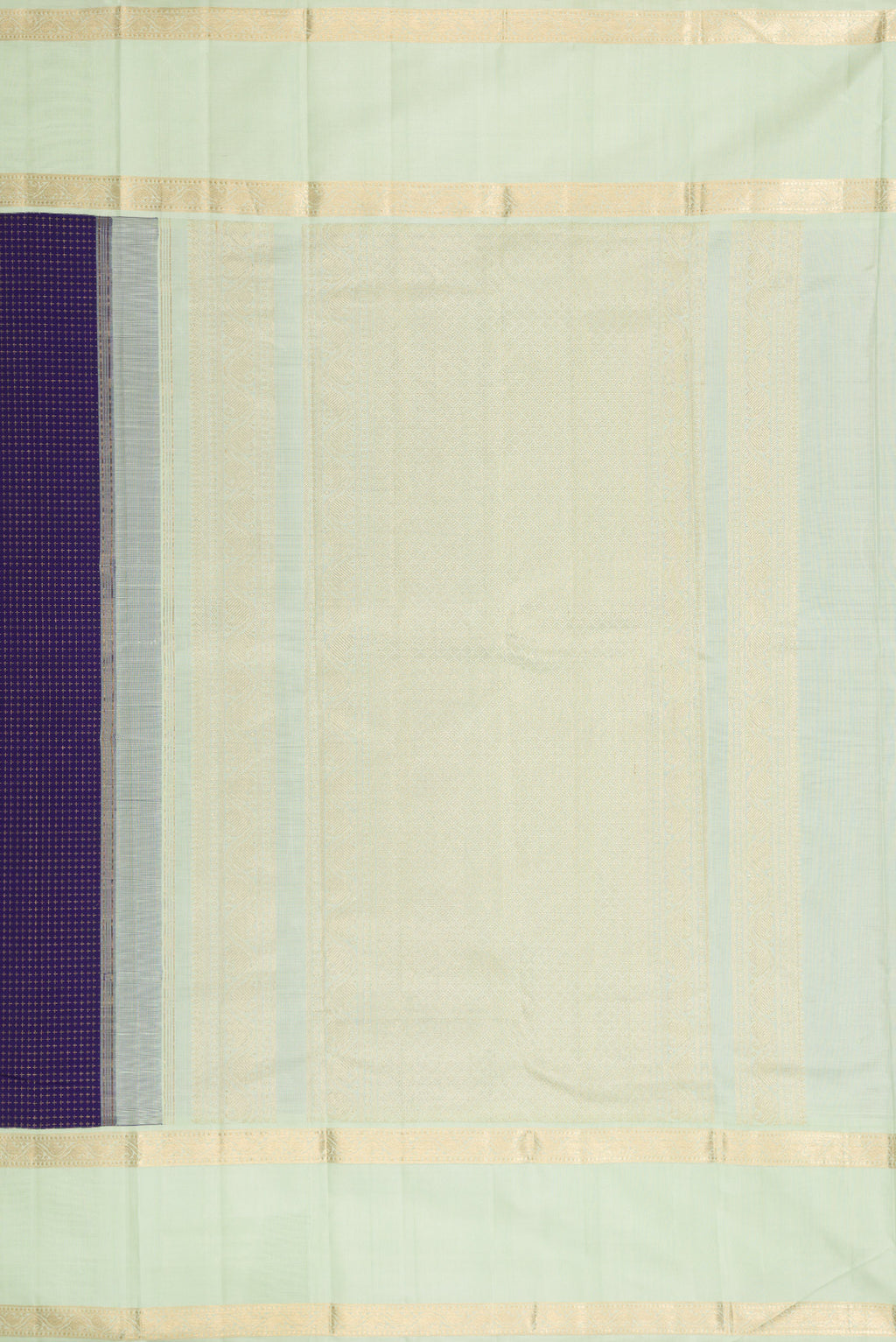 Close up image of the pallu of Navy Blue Dual Tone Kanjivaram Silk Saree with Checked design on the body and Zari Border. 