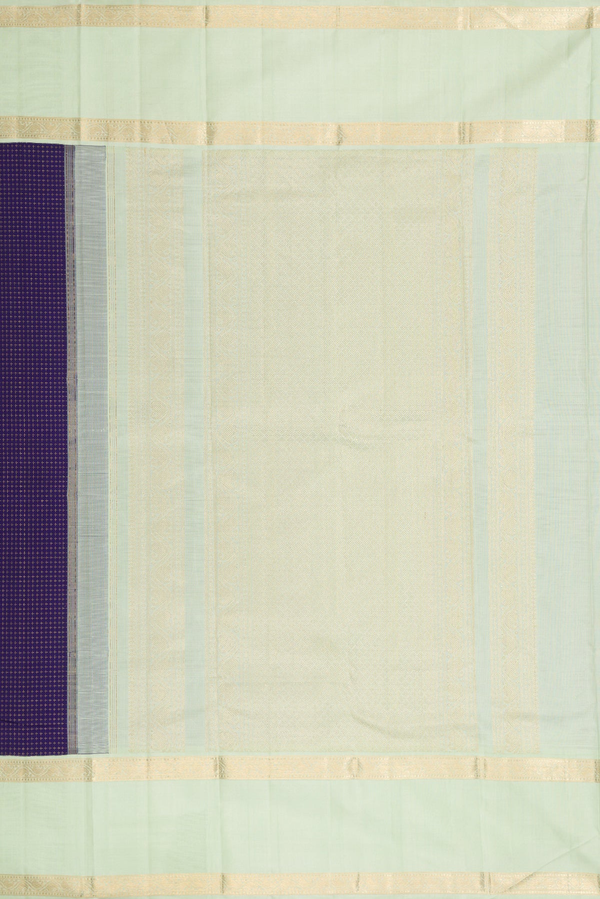 Close up image of the pallu of Navy Blue Dual Tone Kanjivaram Silk Saree with Checked design on the body and Zari Border. 