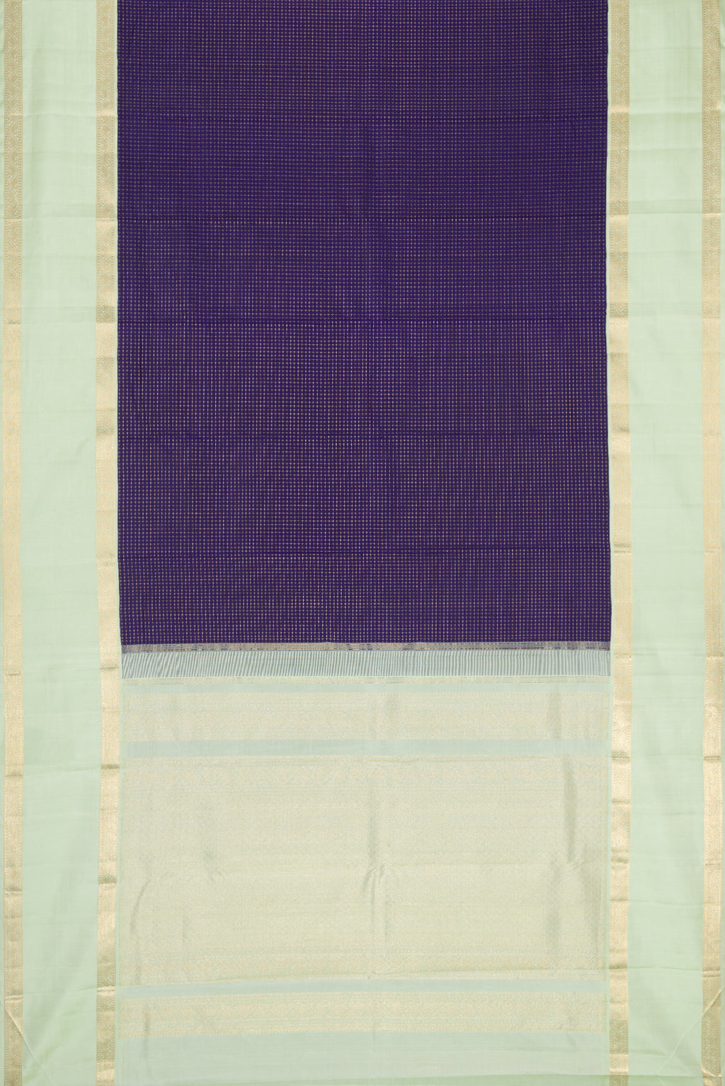 Flat view of Navy Blue Dual Tone Kanjivaram Silk Saree with Checked design on the body and Zari Border. 