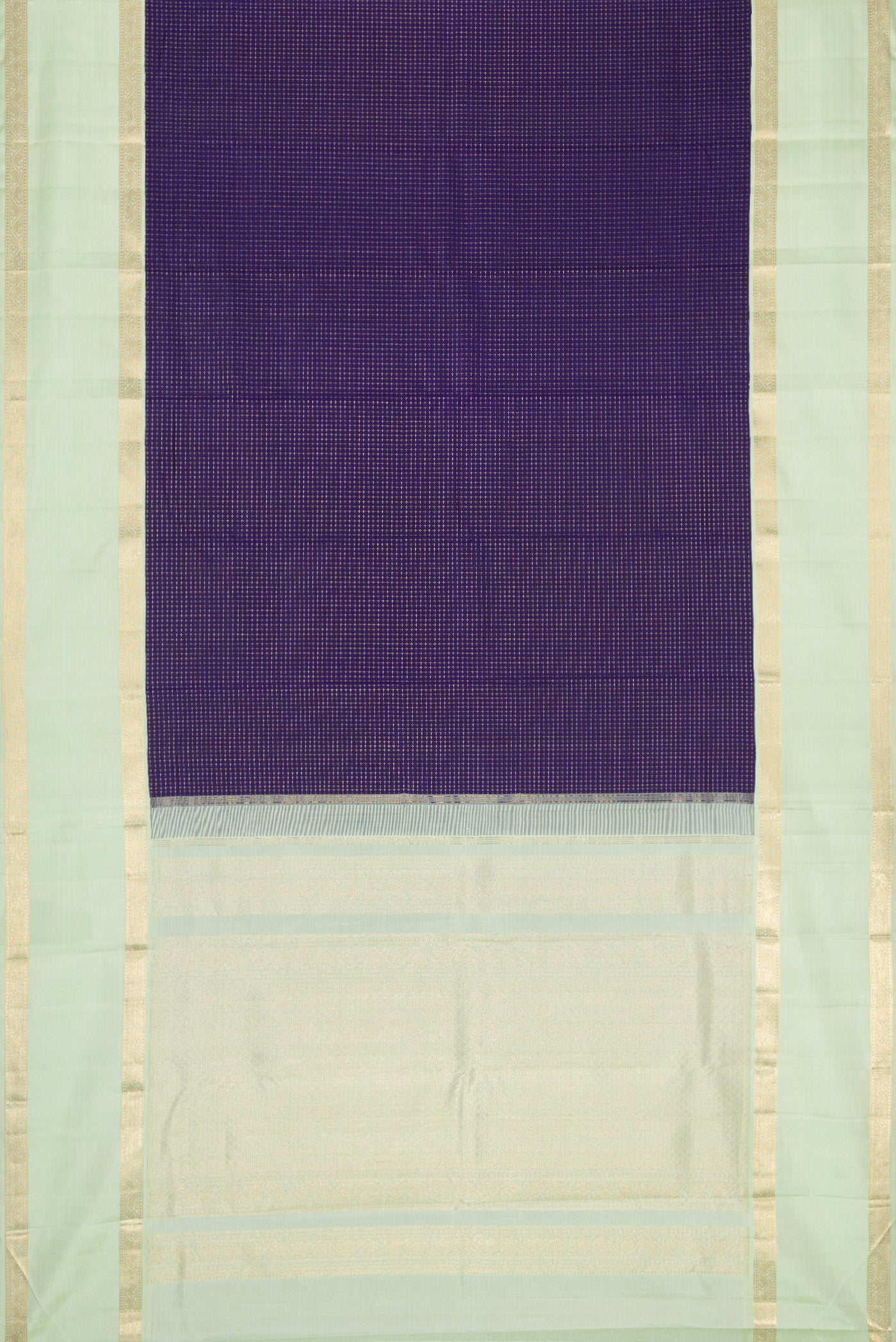 Flat view of Navy Blue Dual Tone Kanjivaram Silk Saree with Checked design on the body and Zari Border. 