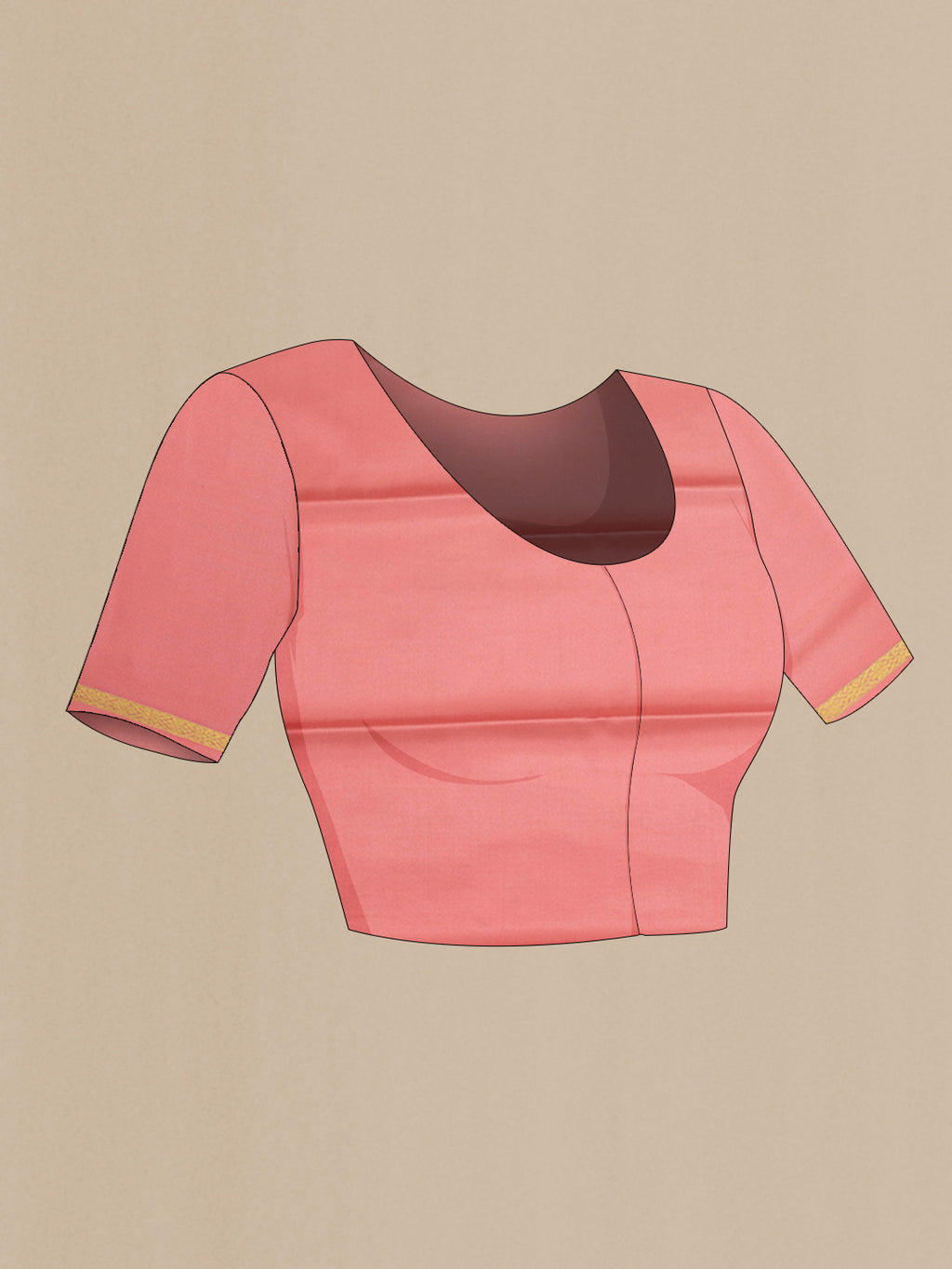 Close up image of the blouse of Peach Mysore Crepe Saree with Plain Body and Zari Border. 