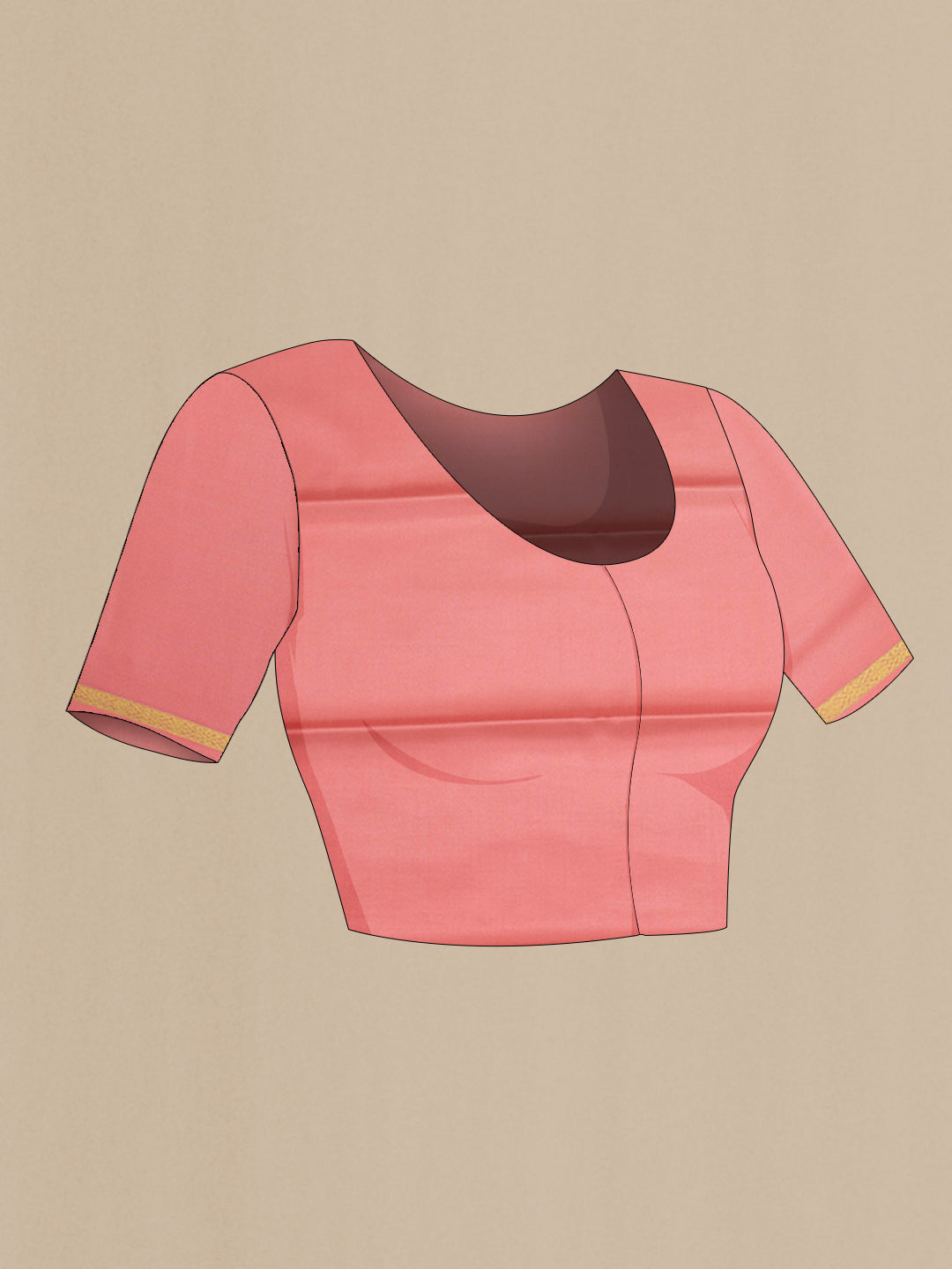 Close up image of the blouse of Peach Mysore Crepe Saree with Plain Body and Zari Border. 