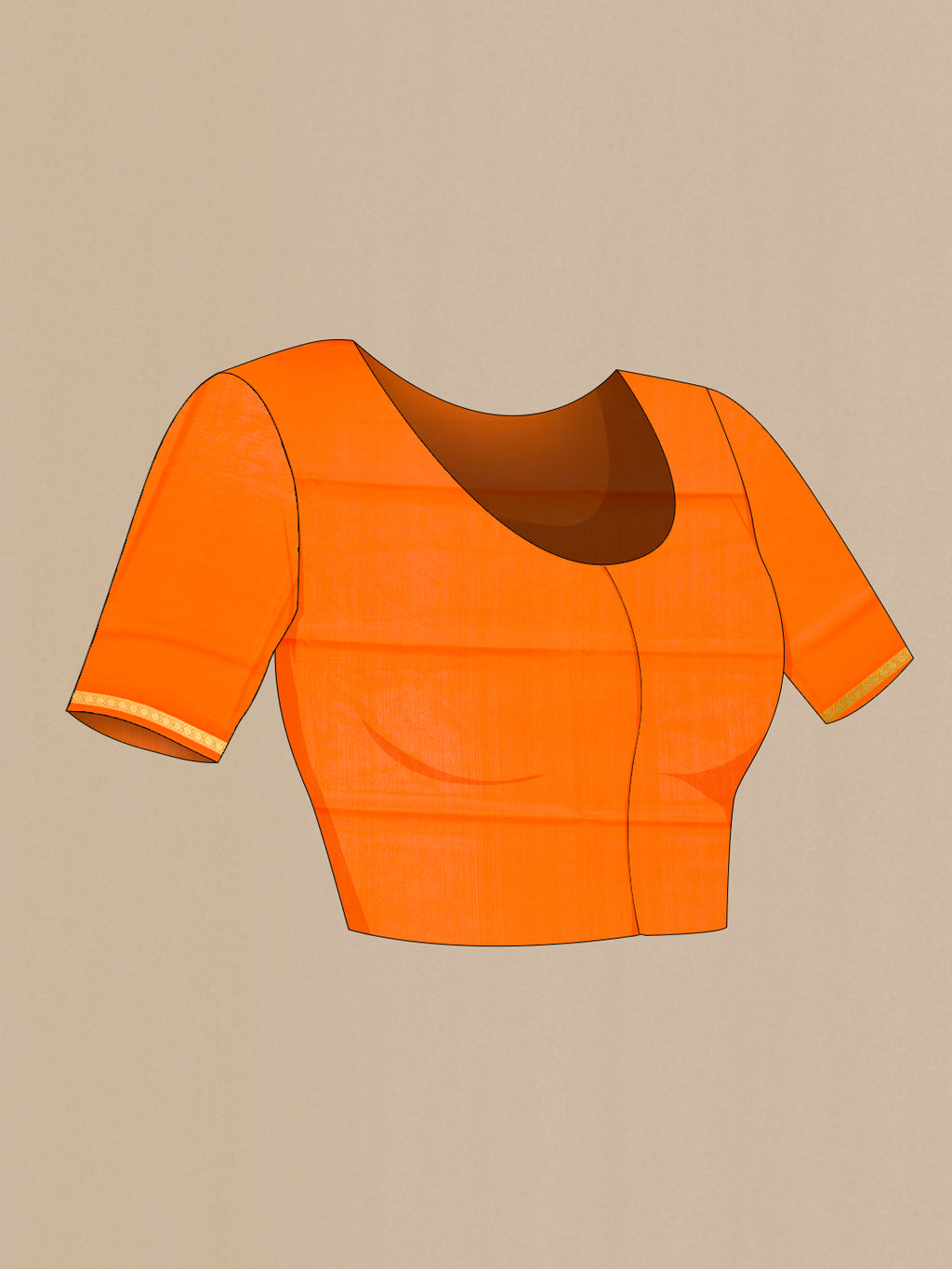 Close up image of the blouse of Orange Mysore Crepe Saree with Plain Body and Zari Border. 