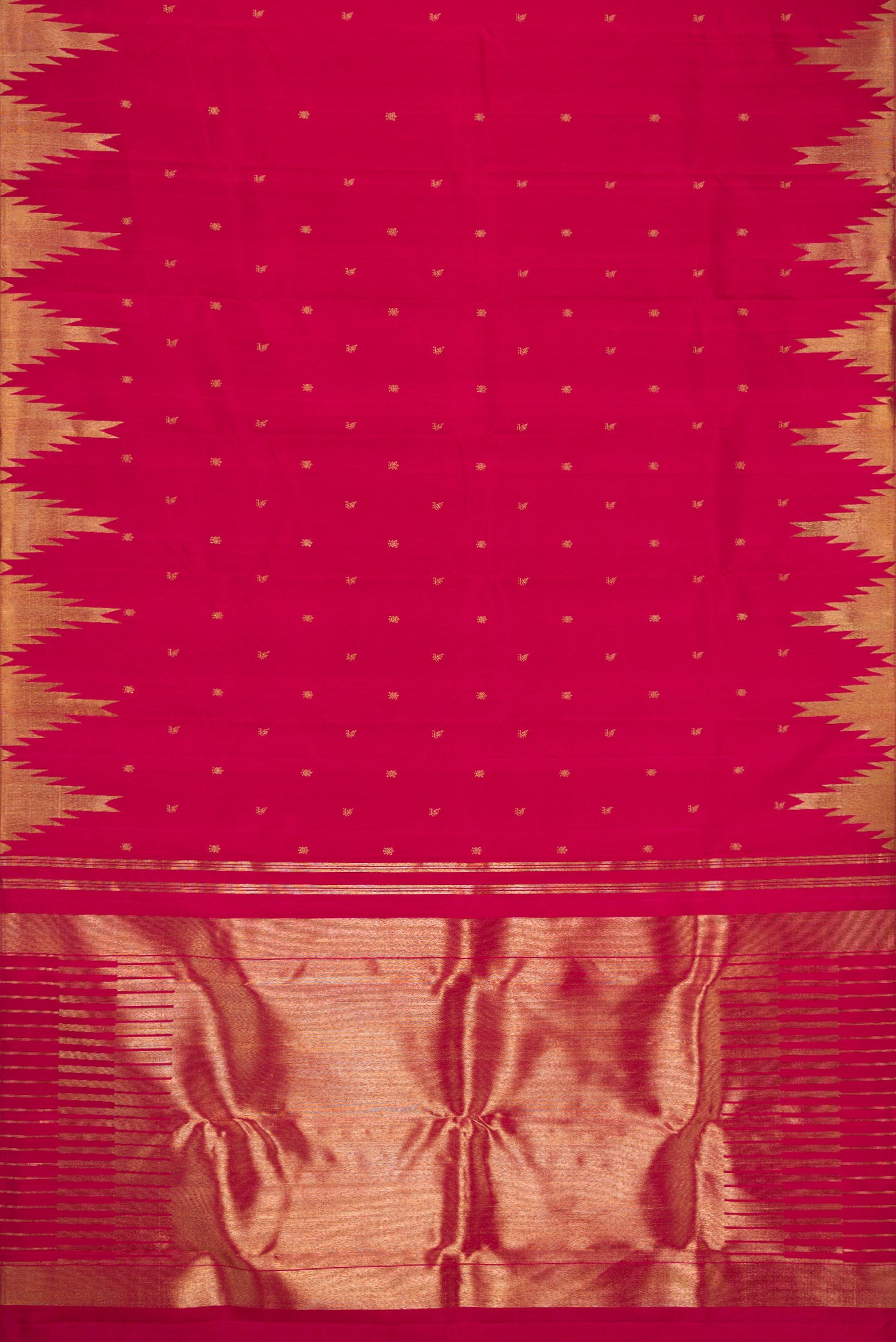 Flat view of Maroon Dual Tone Kanchipuram Silk Saree with Zari Butta on the body and Temple Border. 