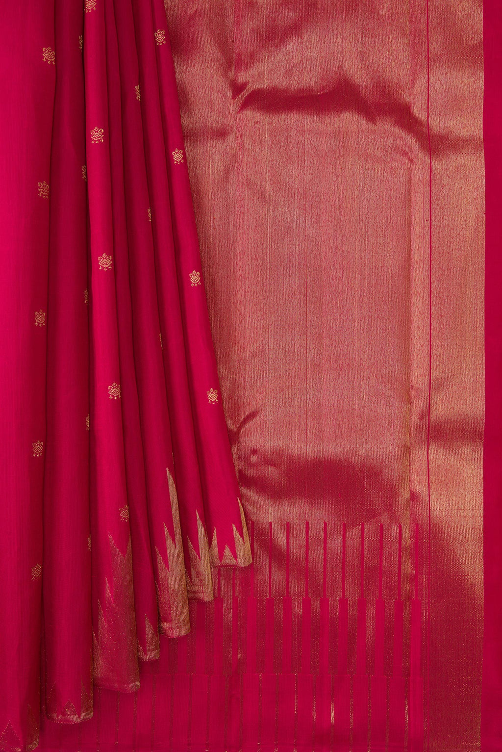Pleats and pallu of Maroon Dual Tone Kanchipuram Silk Saree with Zari Butta on the body and Temple Border. 