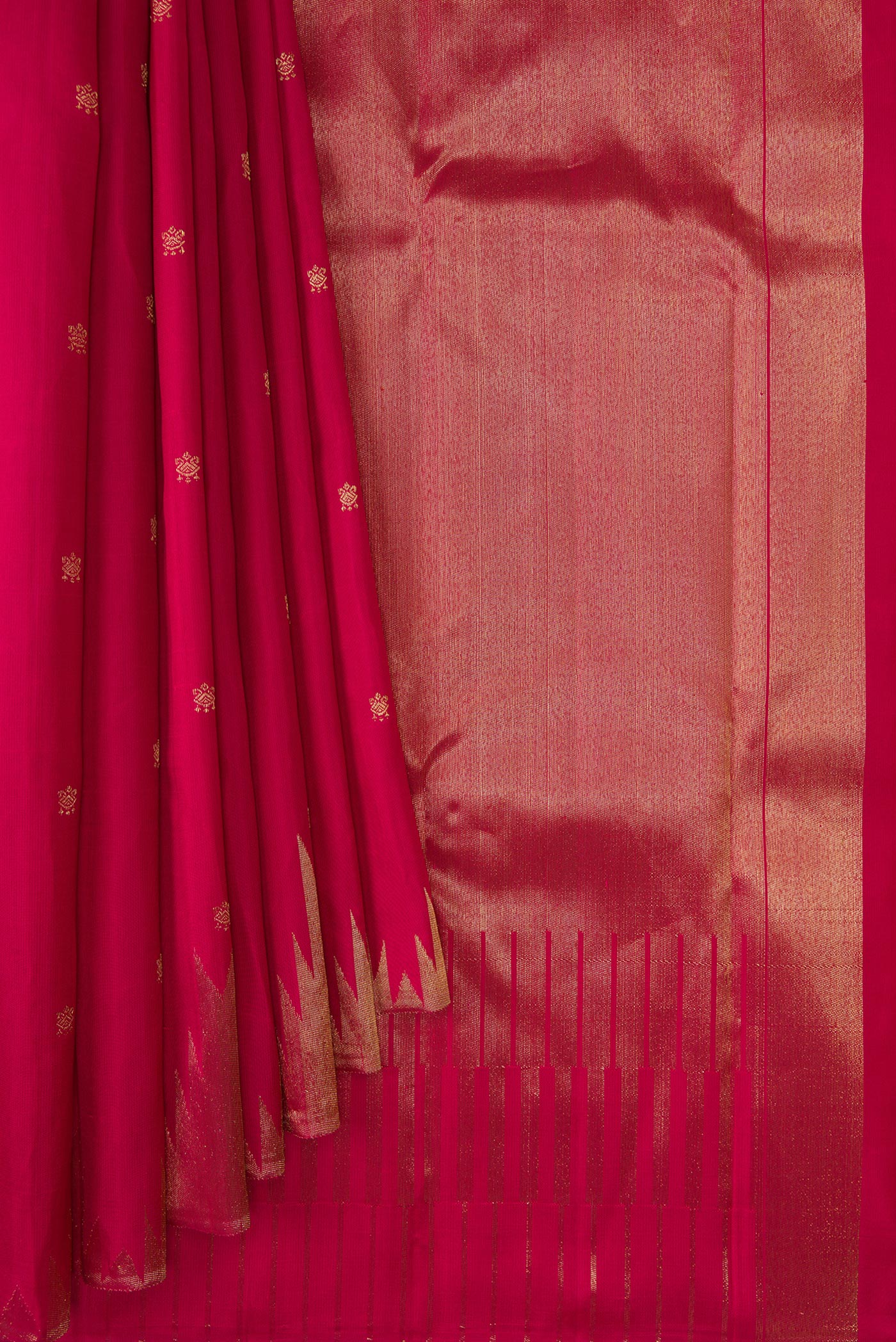Pleats and pallu of Maroon Dual Tone Kanchipuram Silk Saree with Zari Butta on the body and Temple Border. 
