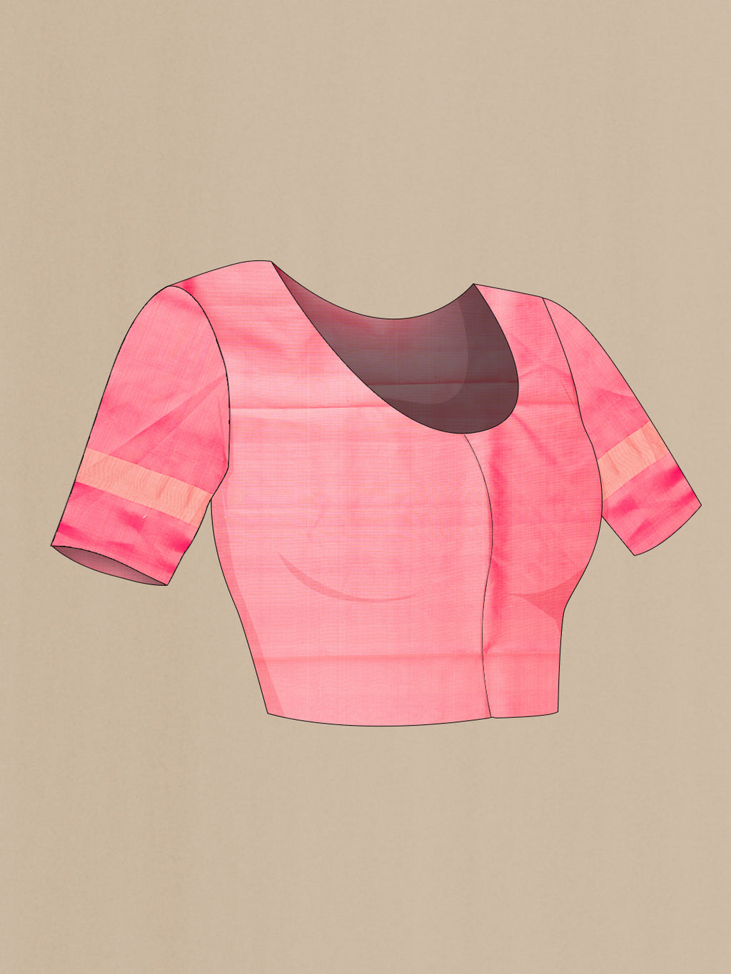 Close up image of the blouse of Peach Soft Silk Saree with Zari Butta on the body and Fancy Border. 