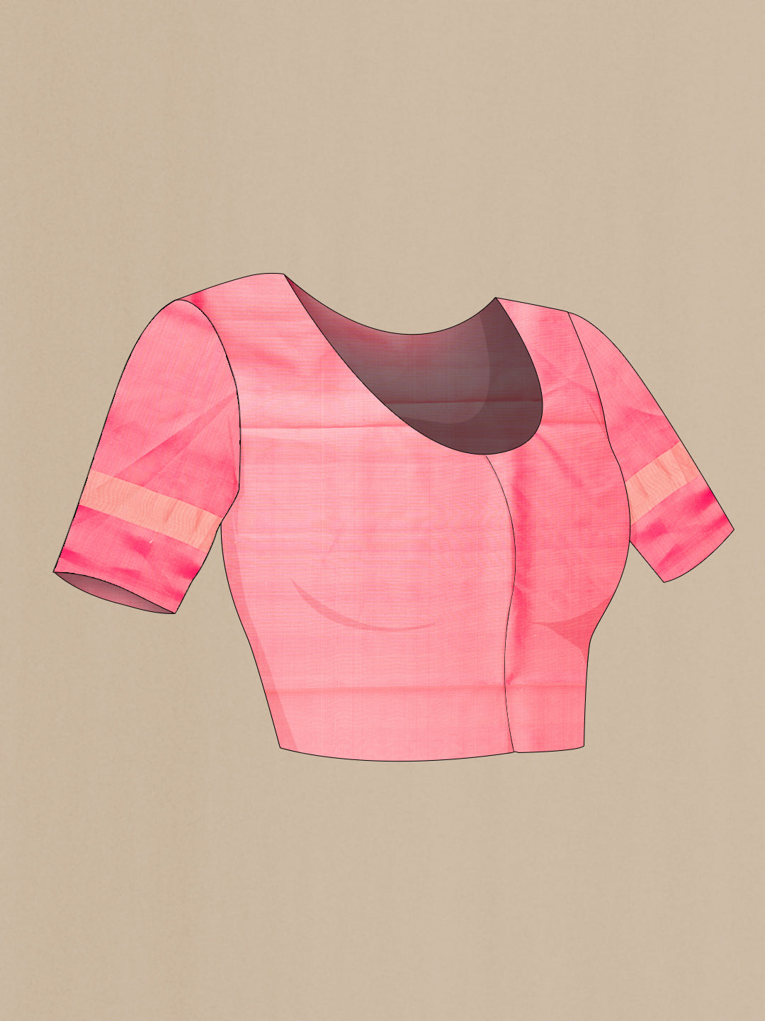 Close up image of the blouse of Peach Soft Silk Saree with Zari Butta on the body and Fancy Border. 