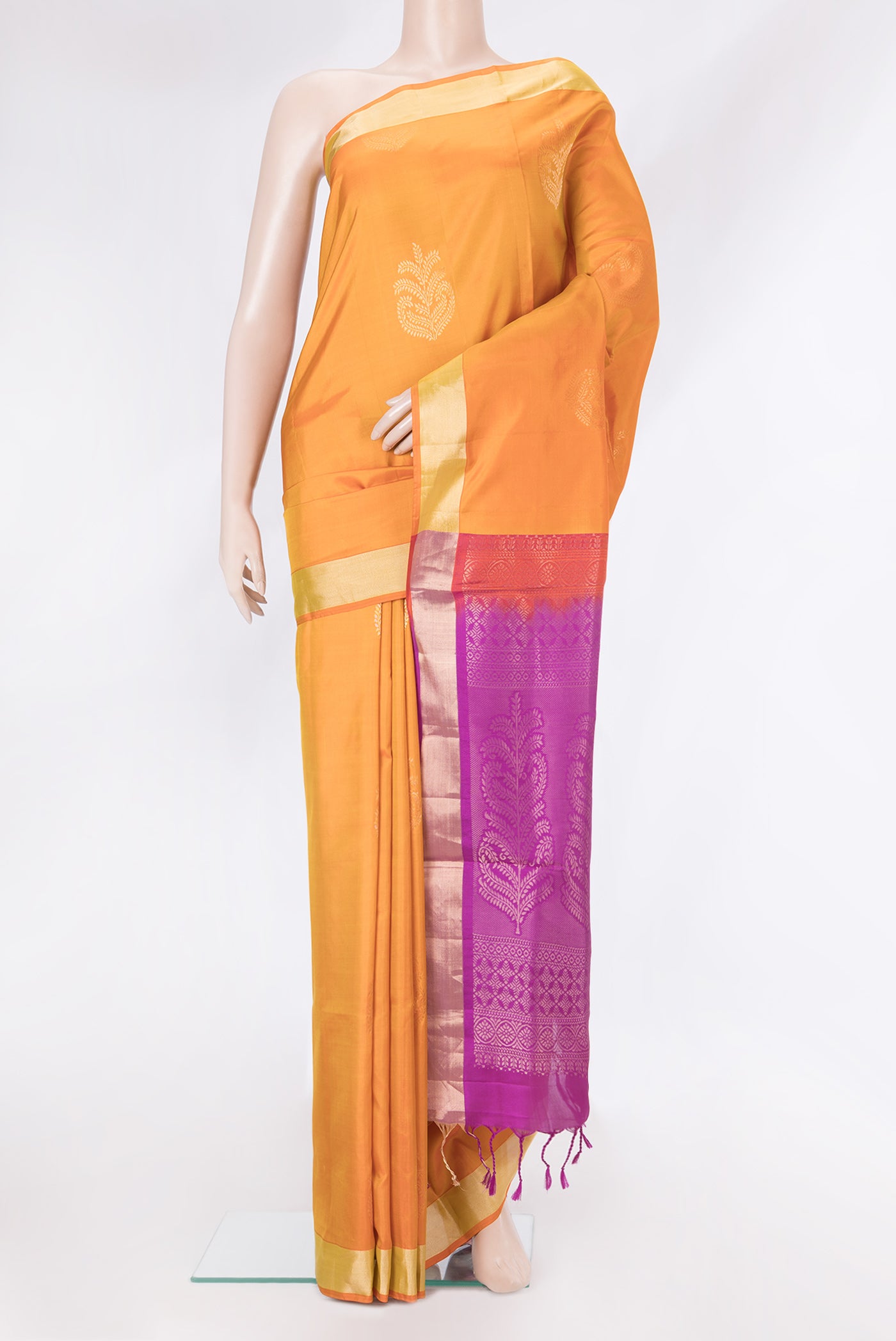 Orange Dual Tone Soft Silk Saree with Zari Butta on the body and Zari Border.  displayed on a mannequin