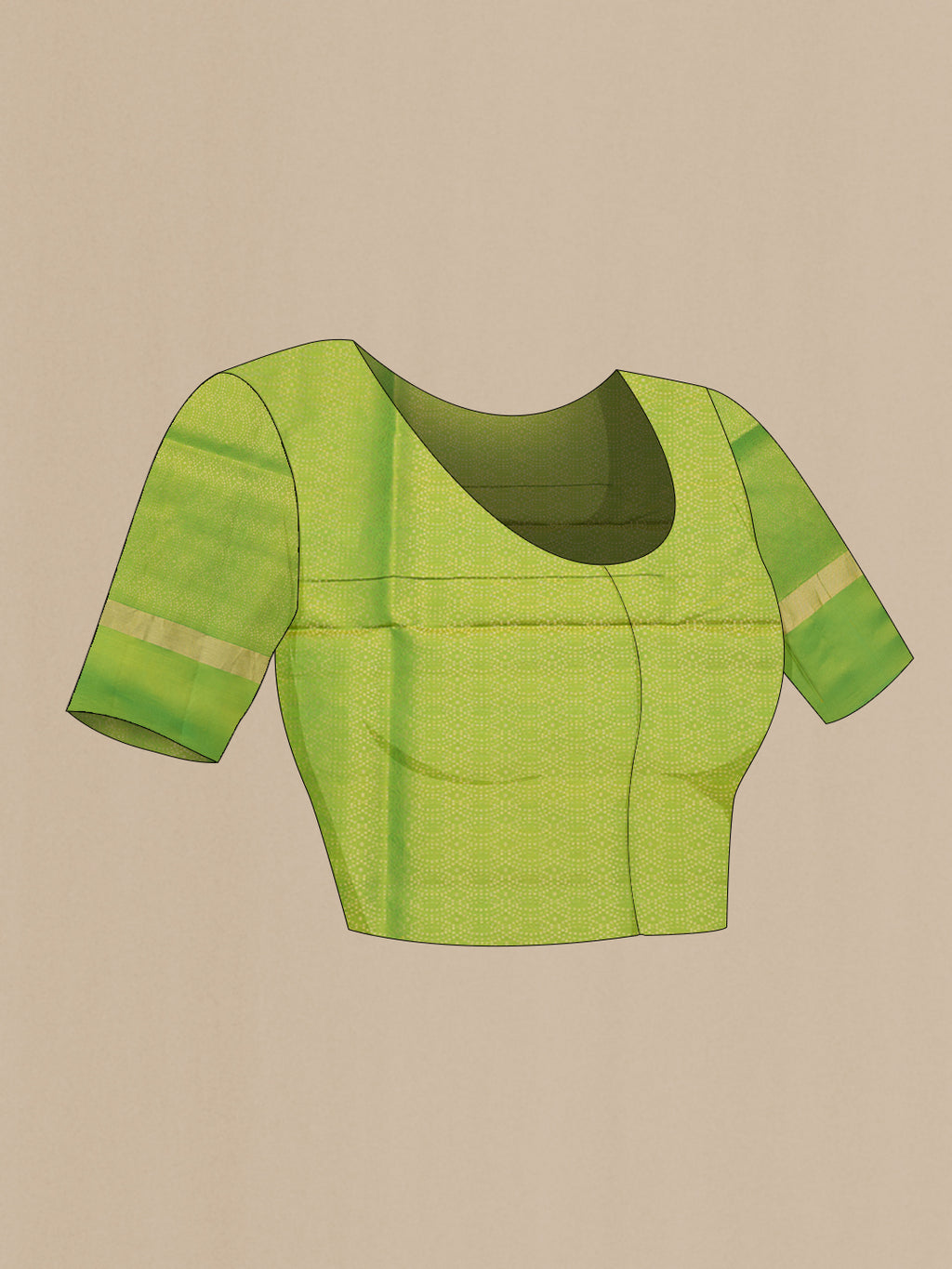 Close up image of the blouse of Parrot Green Dual Tone Soft Silk Saree with Zari Butta on the body and Fancy Border. 