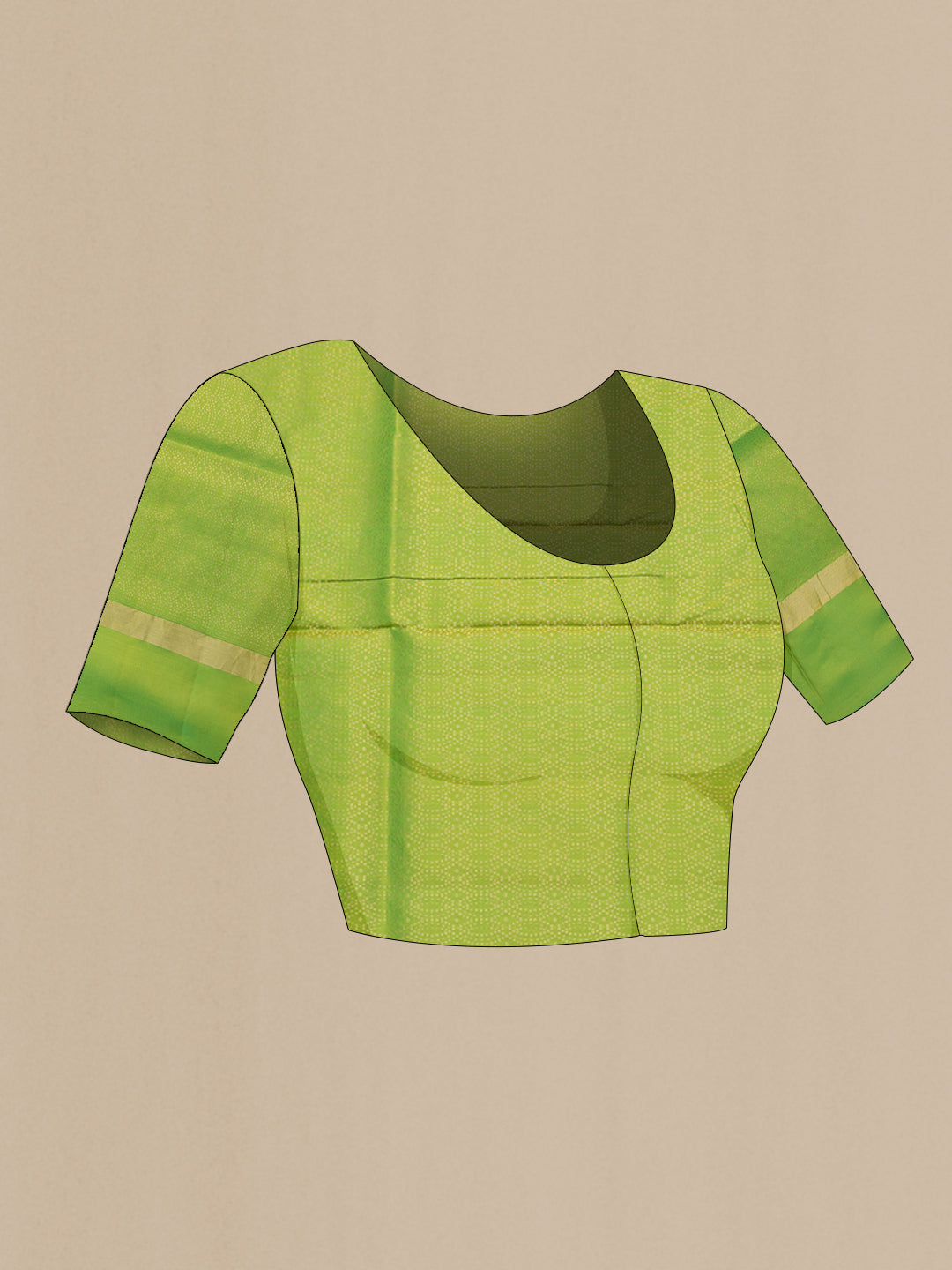 Close up image of the blouse of Parrot Green Dual Tone Soft Silk Saree with Zari Butta on the body and Fancy Border. 