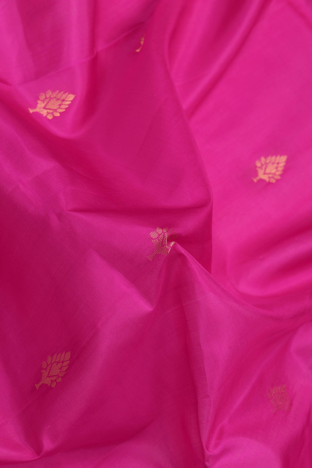 Close up of Magenta Soft Silk Saree with Zari Butta on the body and Fancy Border.  displaying folds