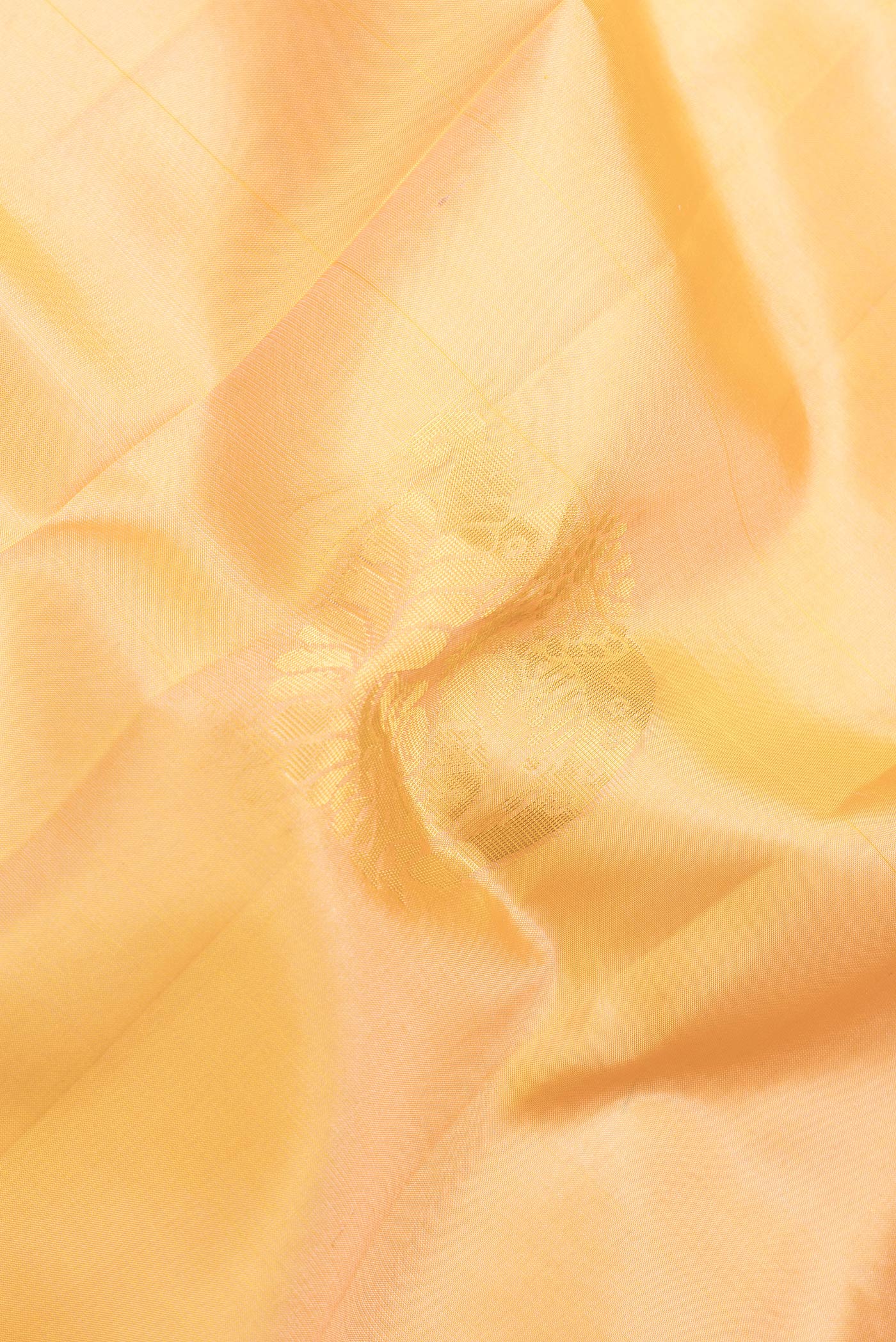Close up of Gold Dual Tone Soft Silk Saree with Zari Butta on the body and Zari Border.  displaying folds