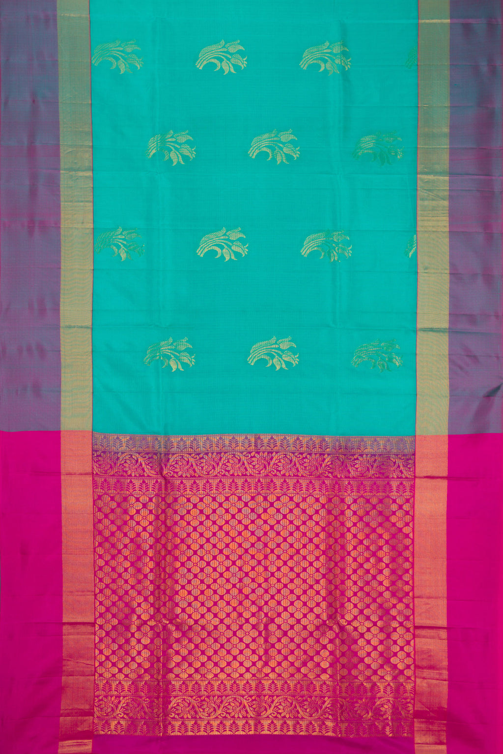 Flat view of Sea Green Soft Silk Saree with Zari Butta on the body and Fancy Border. 