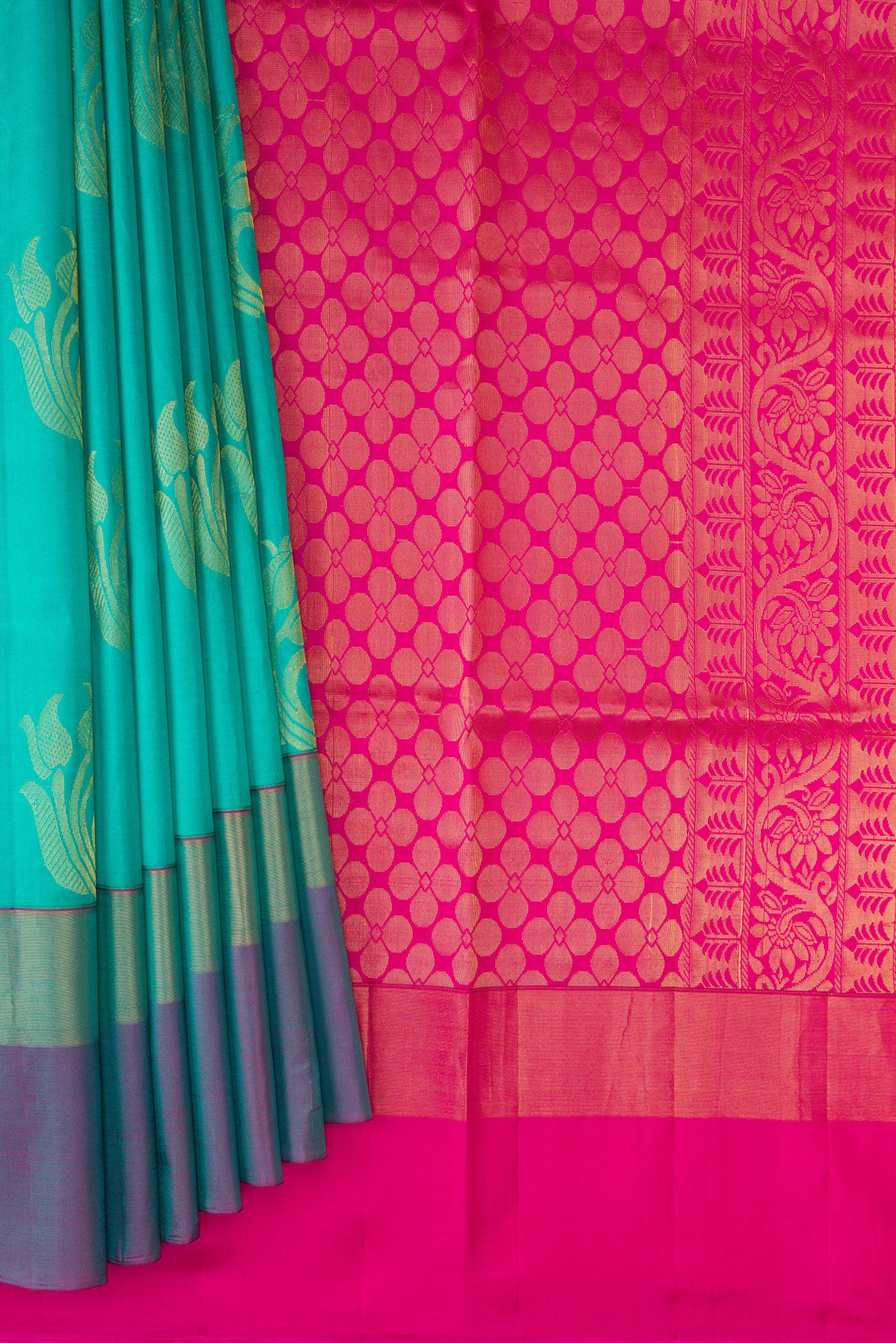 Pleats and pallu of Sea Green Soft Silk Saree with Zari Butta on the body and Fancy Border. 