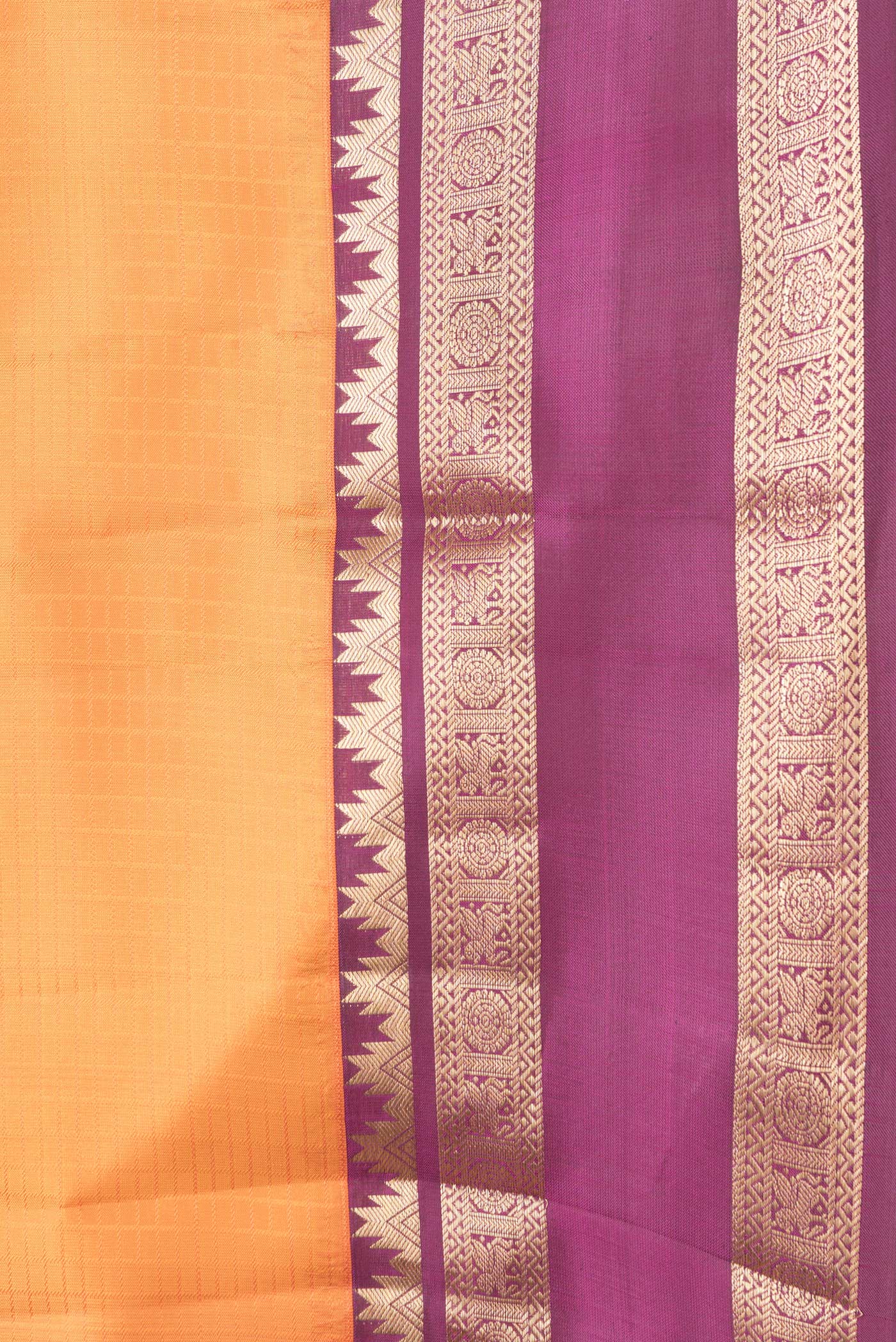 Border image of Orange Dual Tone Kanchipuram Silk Saree with Checked design on the body and Zari Border. 