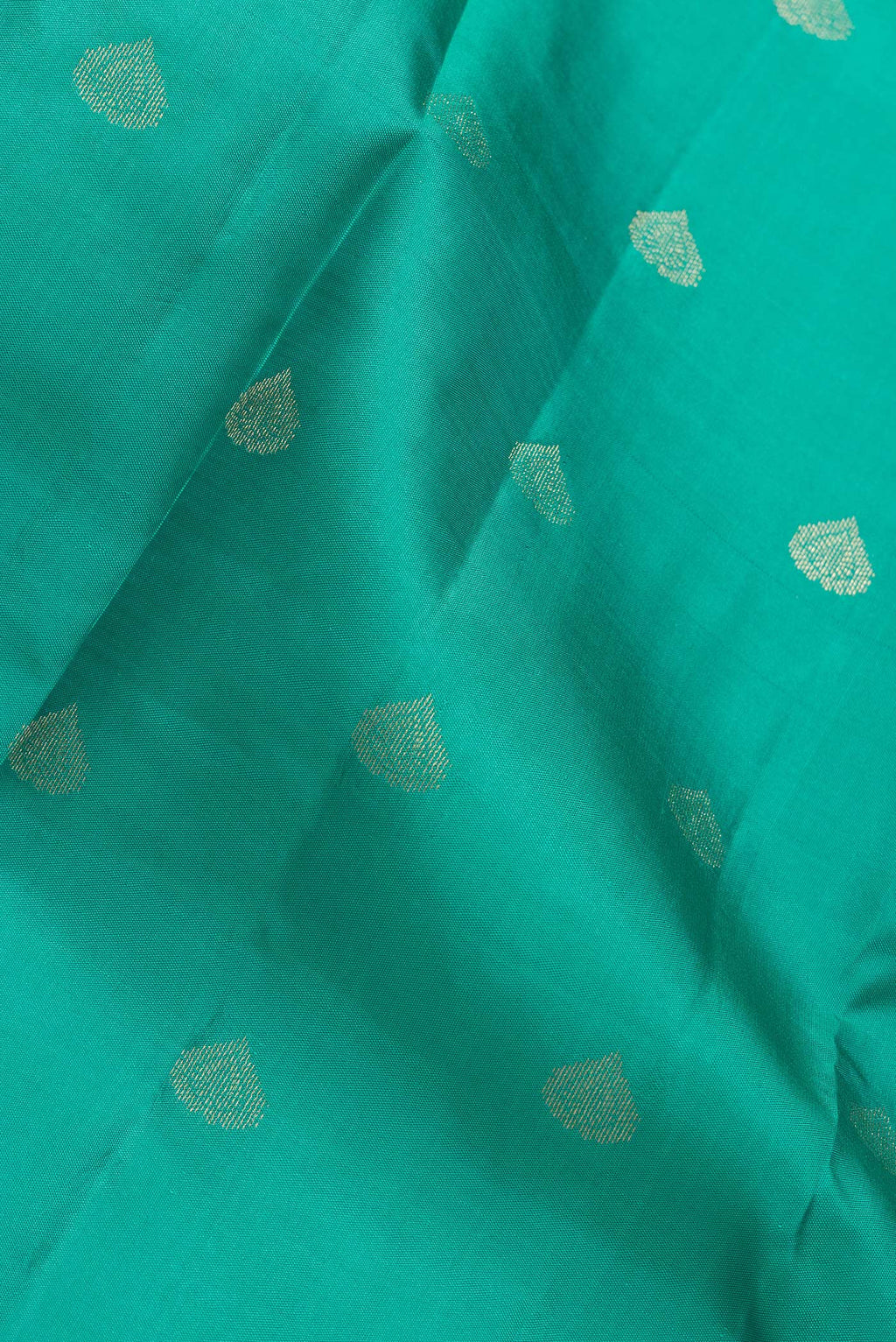 Close up of Green Dual Tone Kanchipuram Silk Saree with Zari Butta on the body and Zari Border.  displaying folds