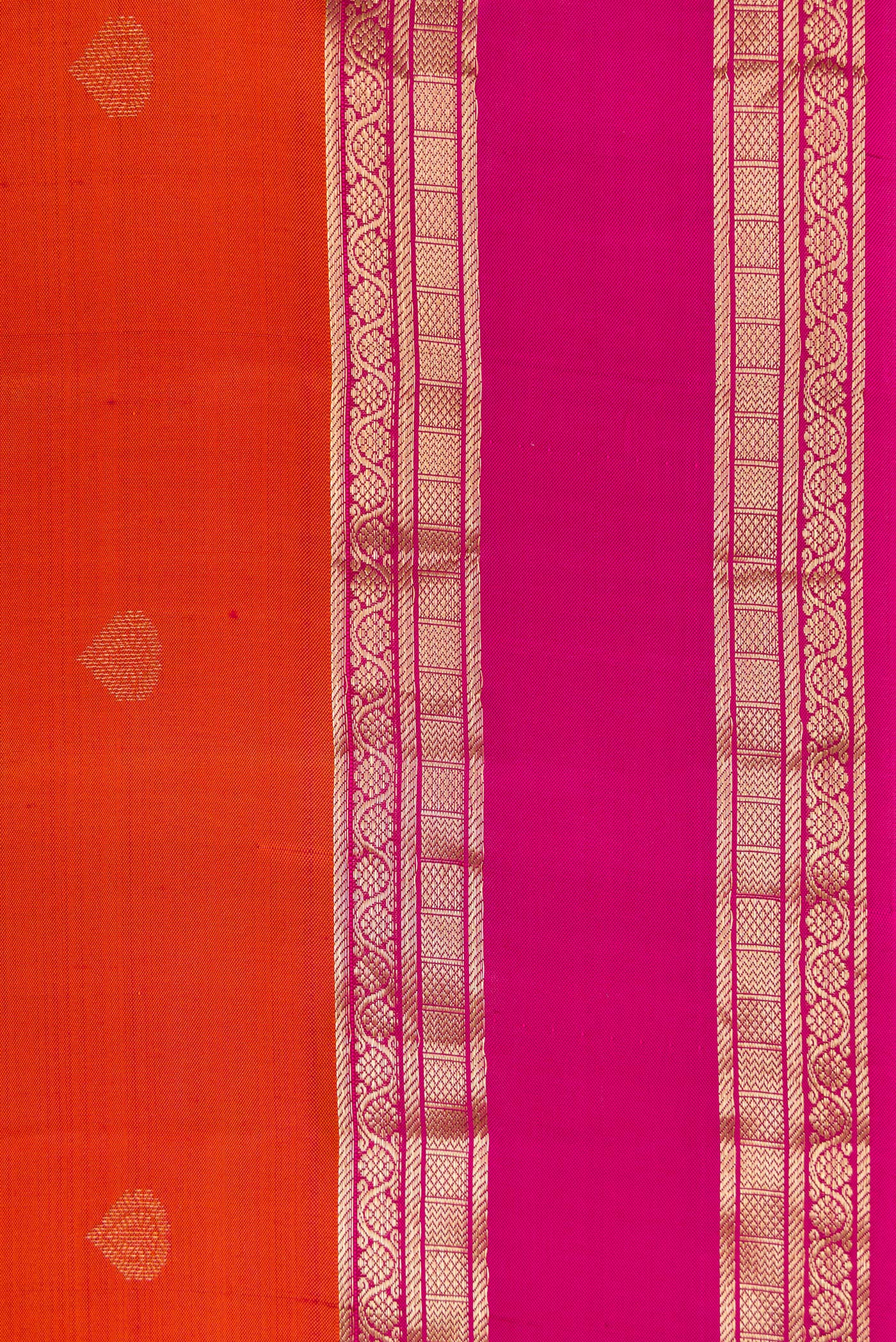Border image of Brick Orange Dual Tone Kanchipuram Silk Saree with Zari Butta on the body and Zari Border. 