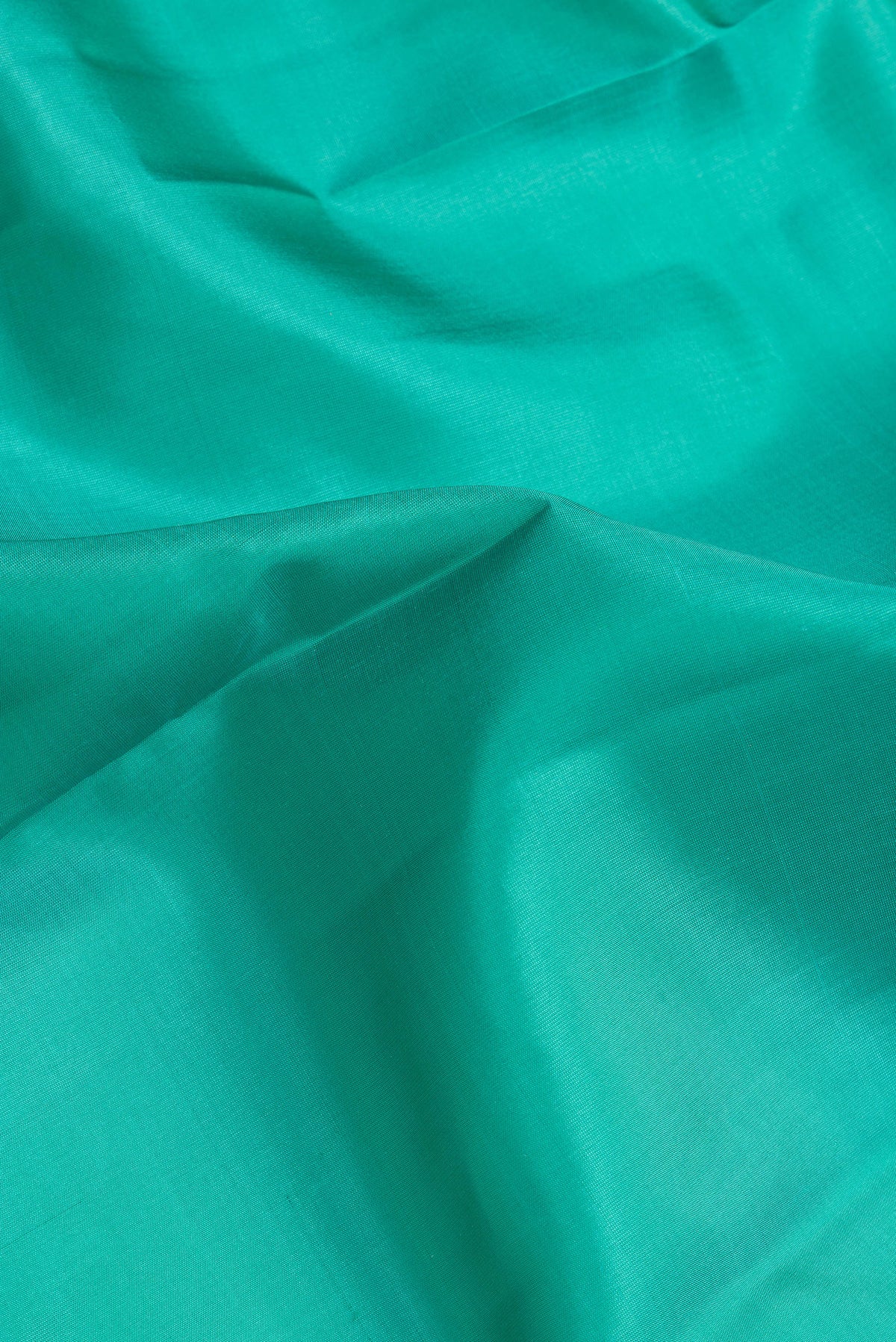 Close up of Green Dual Tone Kanchipuram Silk Saree with Plain Body and Zari Border.  displaying folds