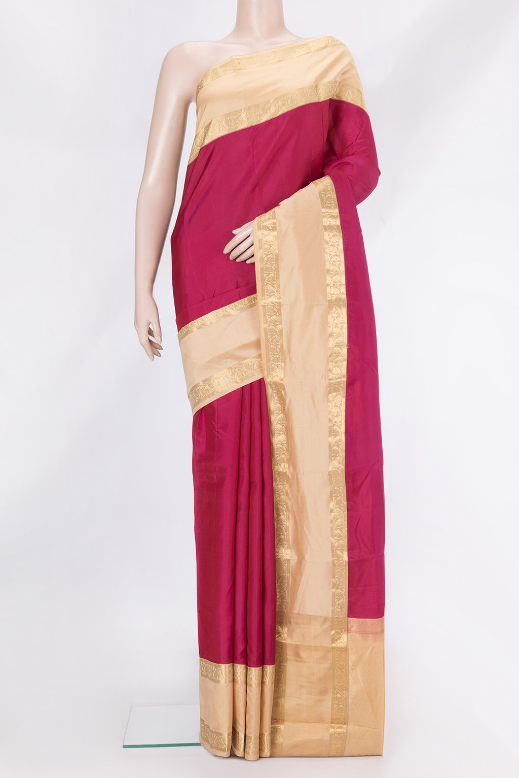 Pink Dual Tone Kanchipuram Silk Saree with Plain Body and Zari Border.  displayed on a mannequin