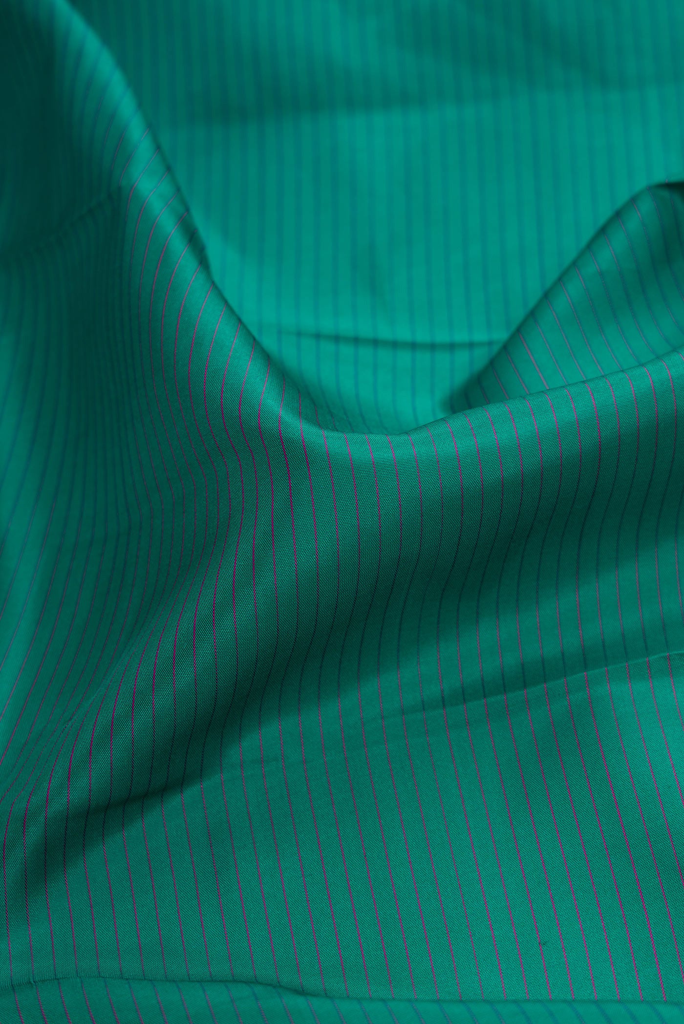 Close up of Green Dual Tone Kanchipuram Silk Saree with Stripes on the body and Zari Border.  displaying folds