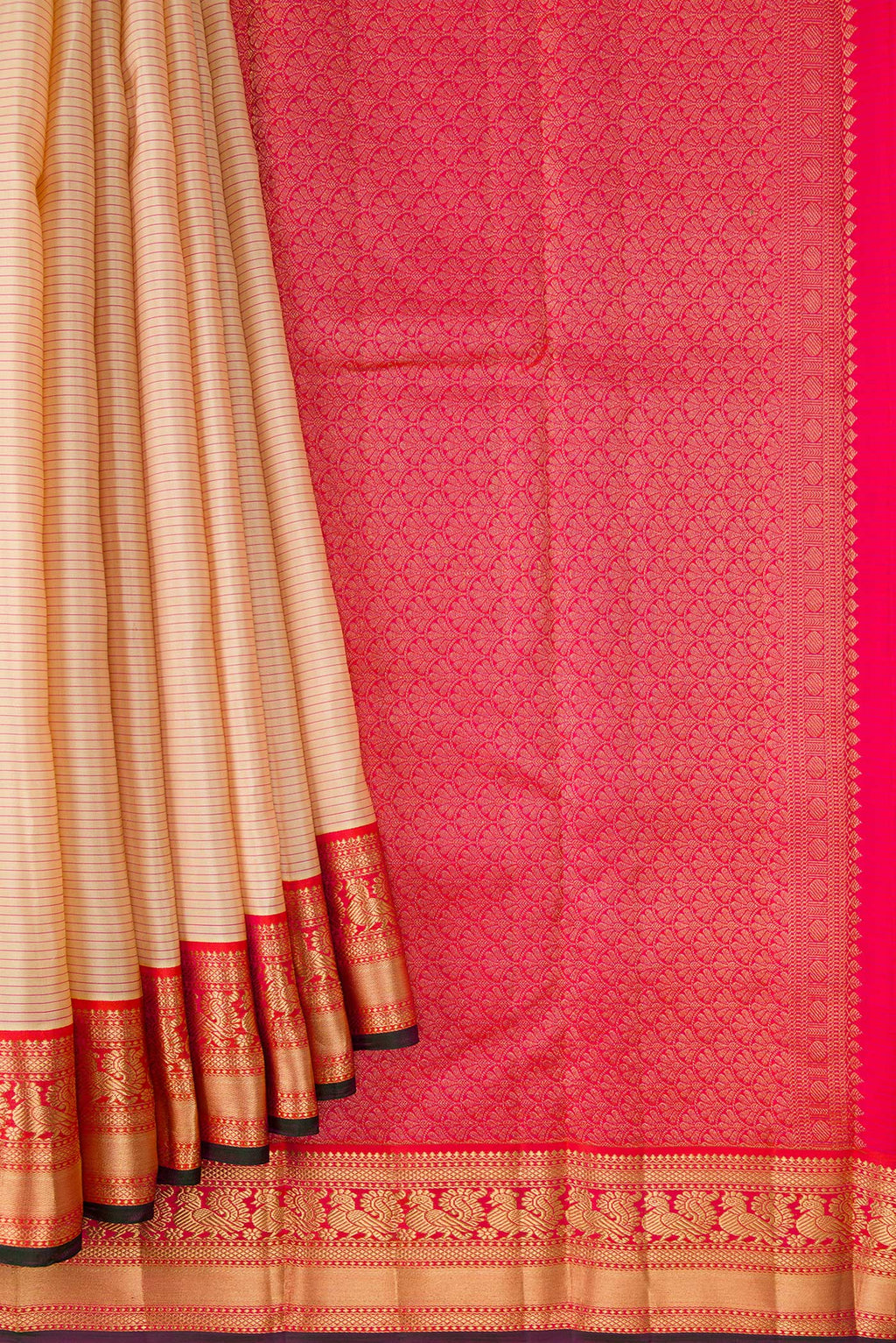 Pleats and pallu of Sandal Dual Tone Kanchipuram Silk Saree with Stripes on the body and Zari Border. 