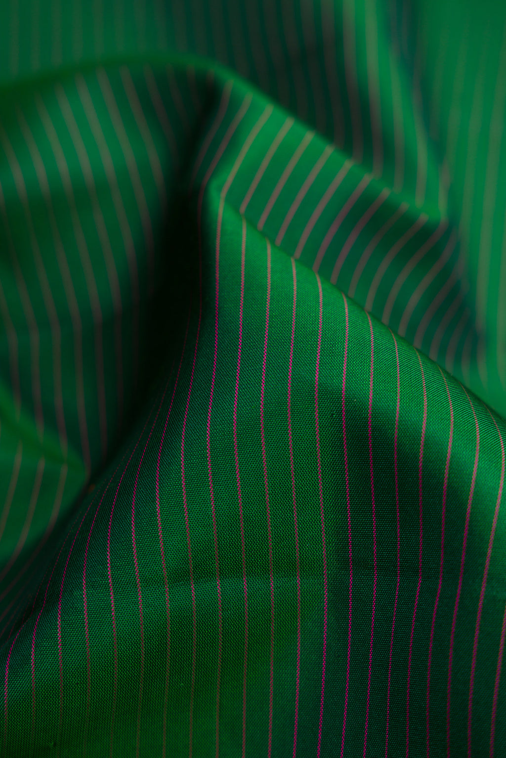 Close up of Bottle Green Dual Tone Kanchipuram Silk Saree with Stripes on the body and Zari Border.  displaying folds