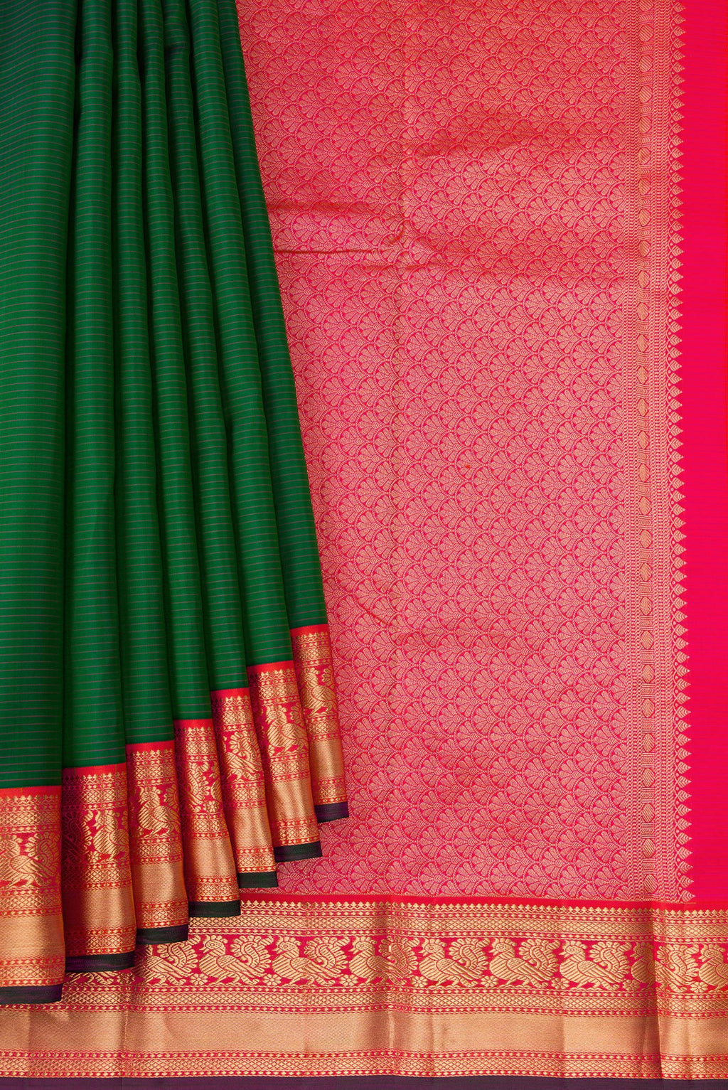 Pleats and pallu of Bottle Green Dual Tone Kanchipuram Silk Saree with Stripes on the body and Zari Border. 