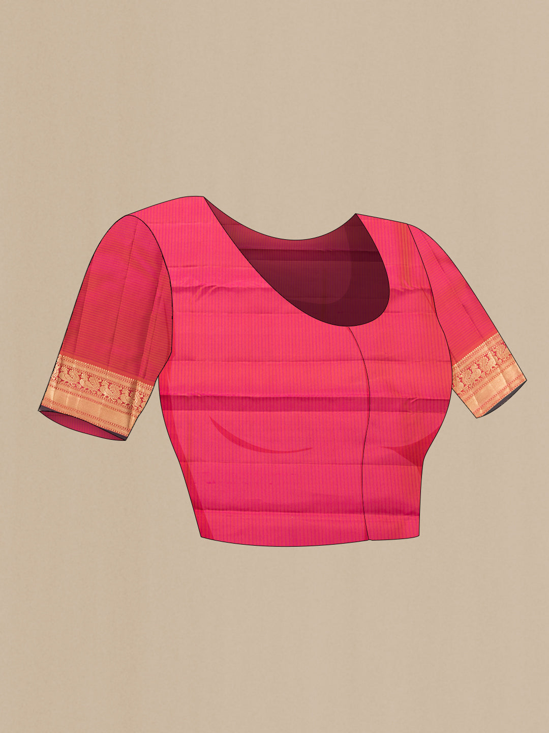 Close up image of the blouse of Beige Dual Tone Kanchipuram Silk Saree with Stripes on the body and Zari Border. 