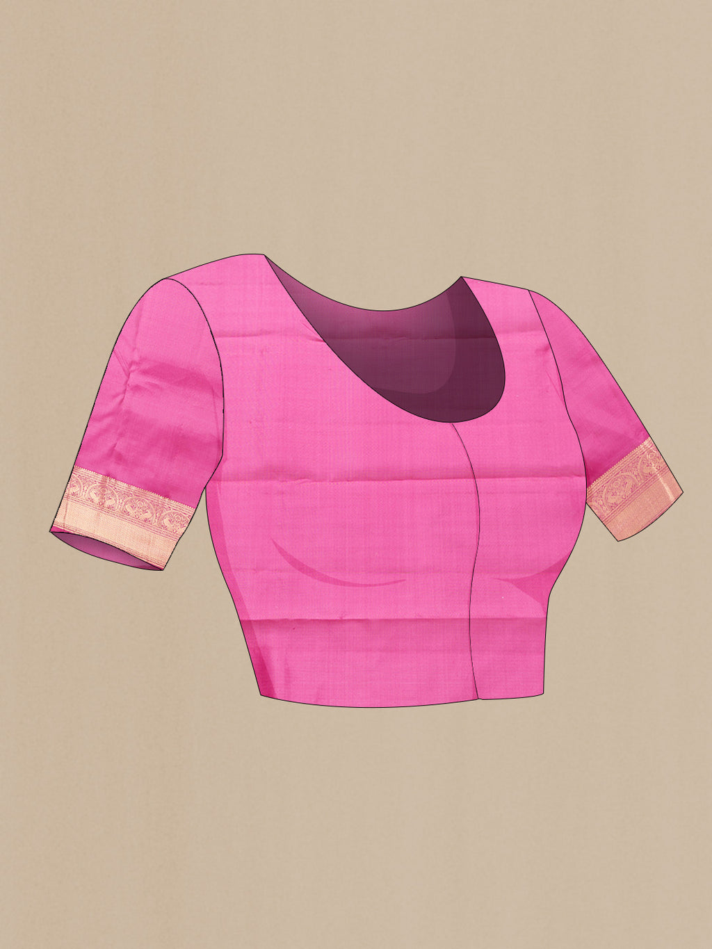 Close up image of the blouse of Coral Dual Tone Kanchipuram Silk Saree with Zari Butta on the body and Zari Border. 