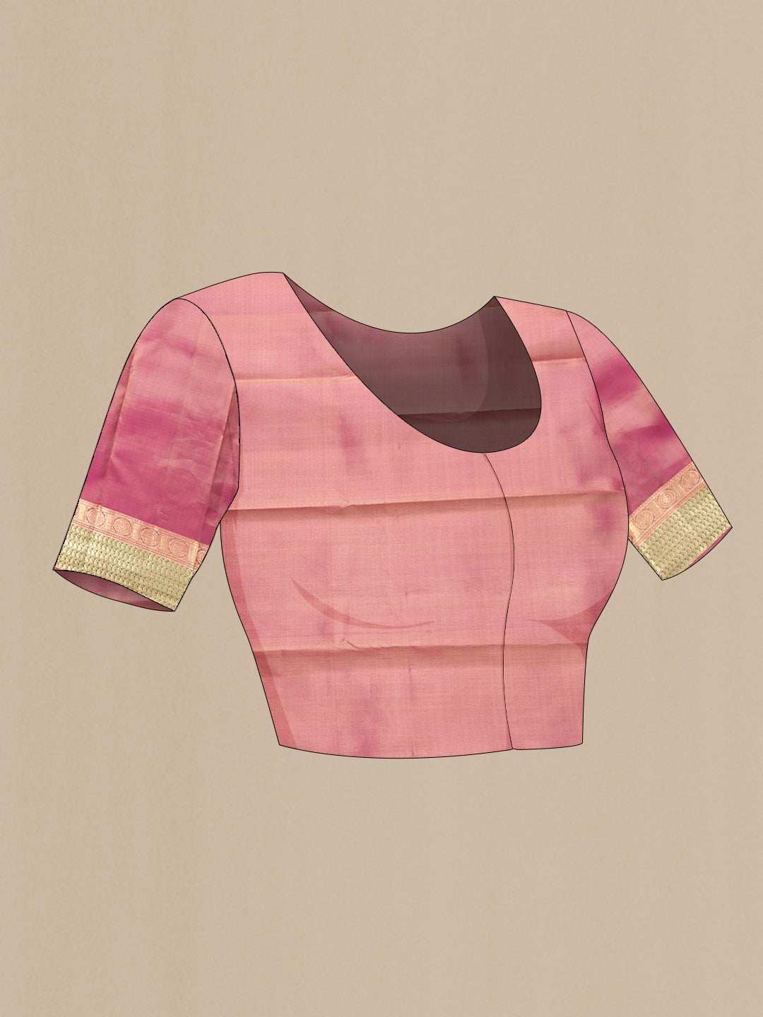 Close up image of the blouse of Dark Beige Dual Tone Kanchipuram Silk Saree with Zari Butta on the body and Zari Border. 