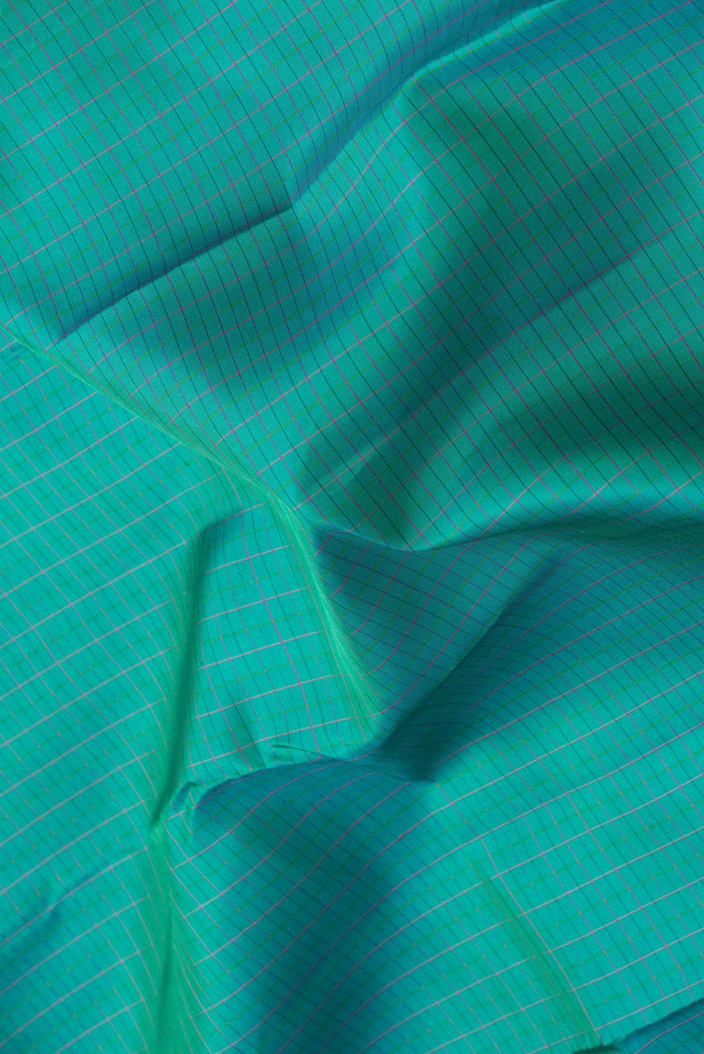 Close up of Green Dual Tone Kanchipuram Silk Saree with Checked design on the body and Zari Border.  displaying folds