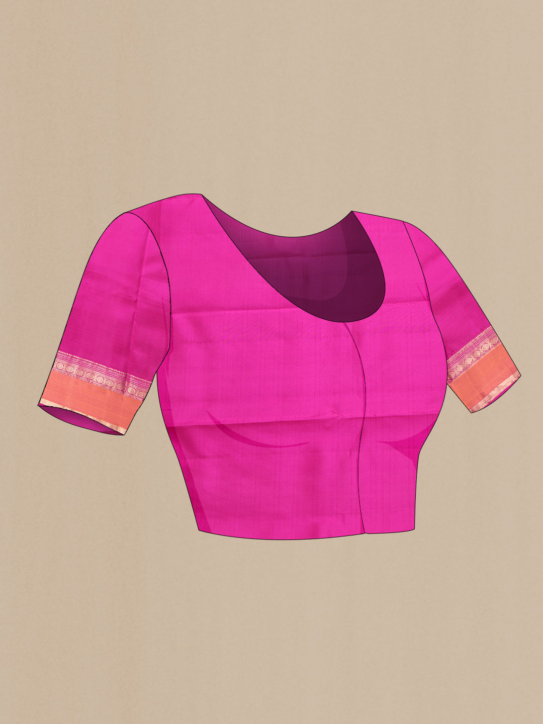 Close up image of the blouse of Coral Dual Tone Kanchipuram Silk Saree with Checked design on the body and Zari Border. 
