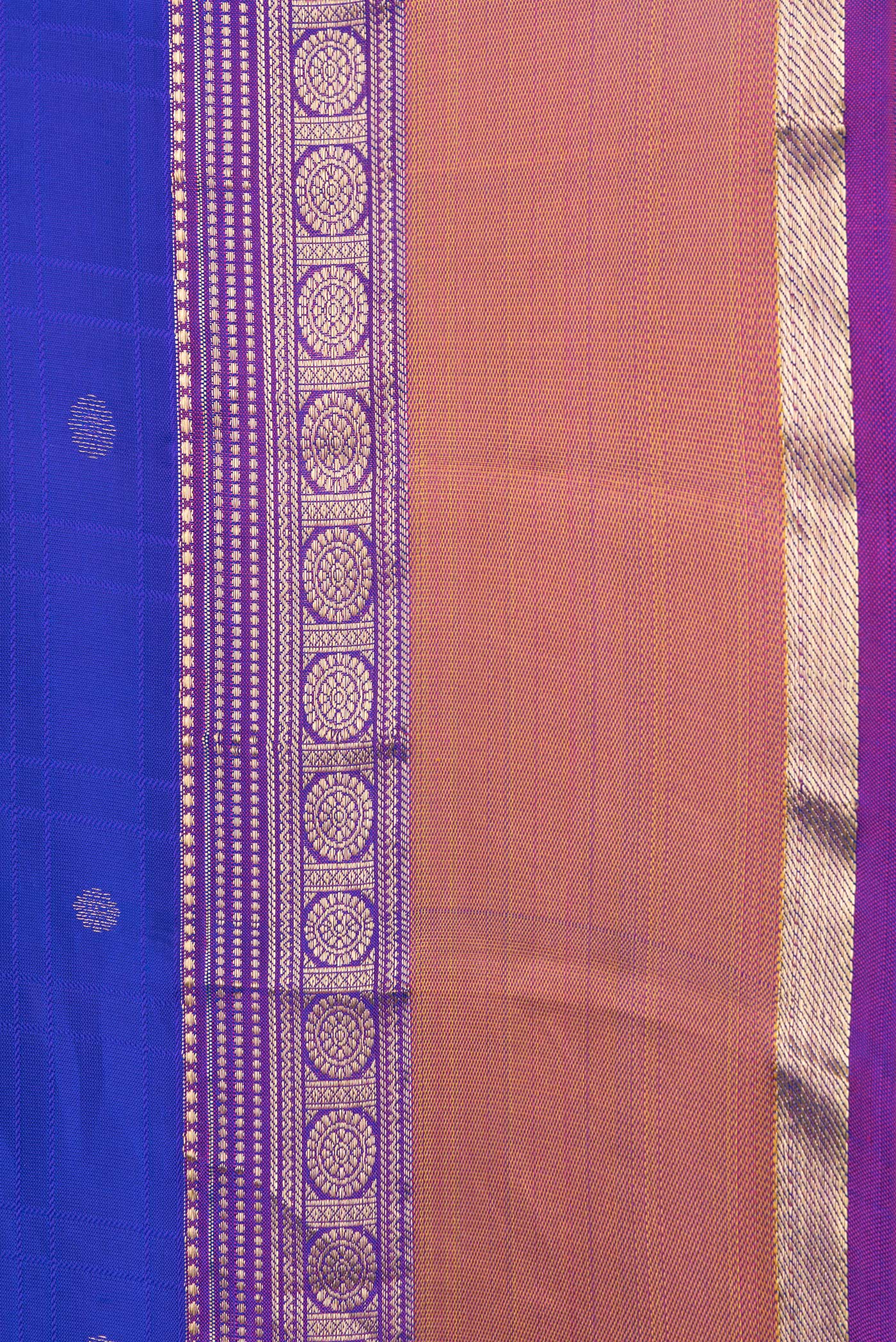 Border image of Royal Blue Dual Tone Kanchipuram Silk Saree with Zari Butta on the body and Zari Border. 