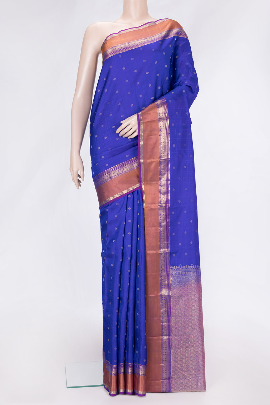 Royal Blue Dual Tone Kanchipuram Silk Saree with Zari Butta on the body and Zari Border.  displayed on a mannequin