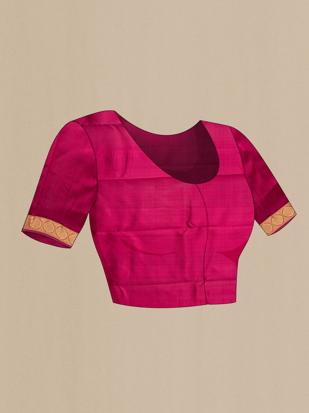 Close up image of the blouse of Coral Dual Tone Kanjivaram Silk Saree with Zari Butta on the body and Thin Zari Line. 