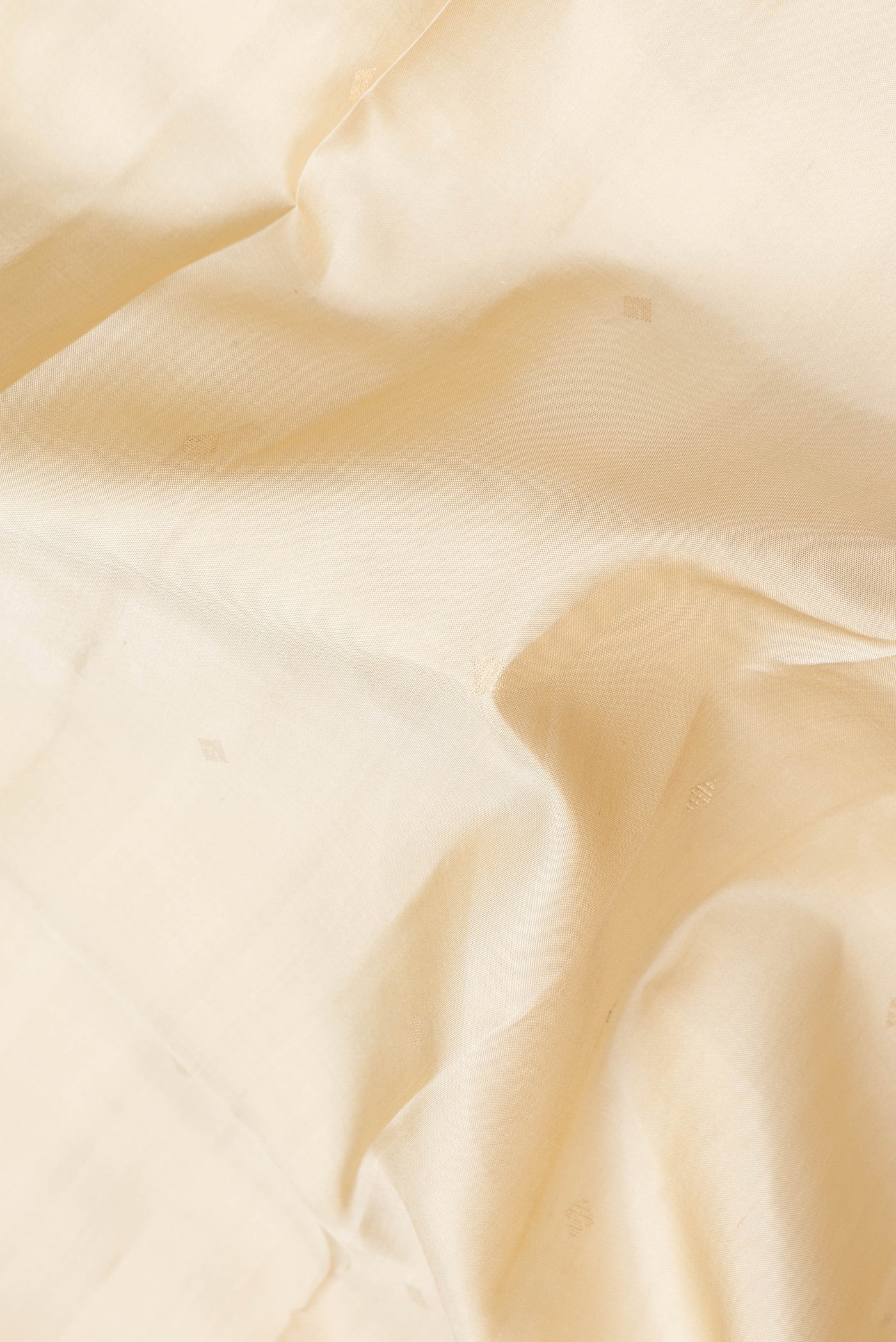 Close up of Beige Dual Tone Kanchipuram Silk Saree with Zari Butta on the body and Fancy Border.  displaying folds